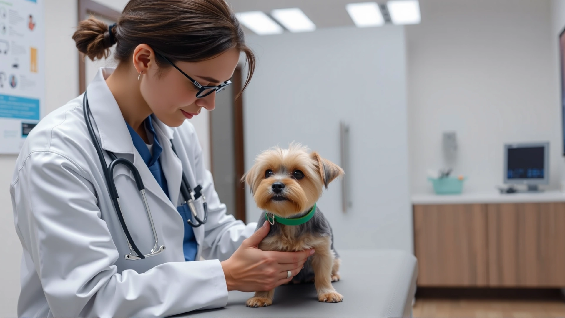 Veterinarian in a white coat gently examining a small terrier on an examination table at a modern clinic; the scene shows care and professionalism.