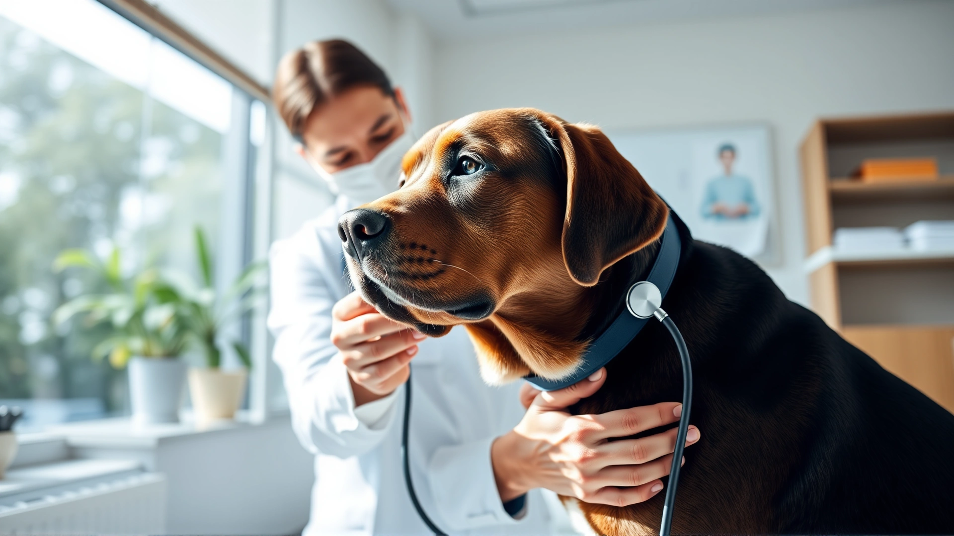 Veterinarian in modern clinic gently placing a stethoscope on a Labrador's chest, bright natural lighting, no text.