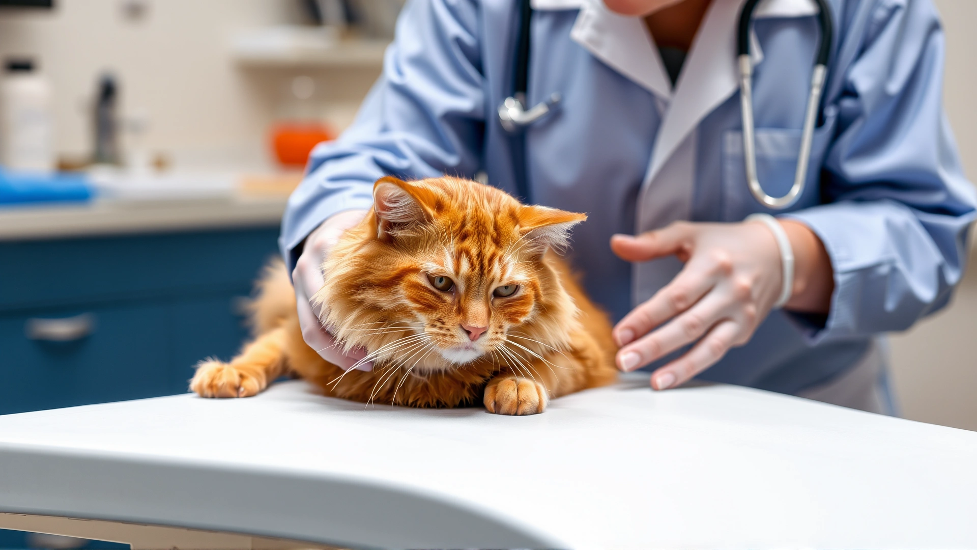 Veterinarian gently examining a calm orange cat on an exam table, representing the diagnostic process.