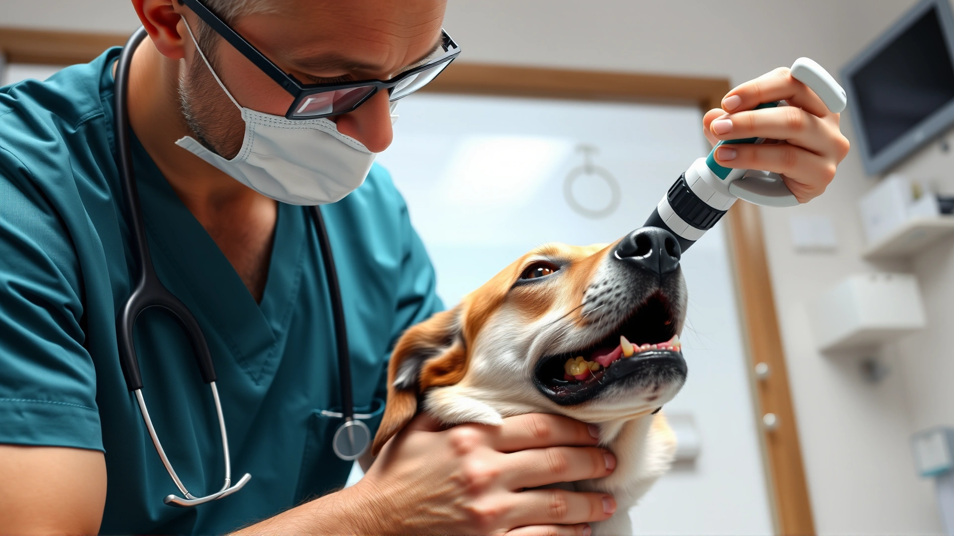 Veterinarian examining a dog’s ear with an otoscope in a clinic setting, dog looks relaxed