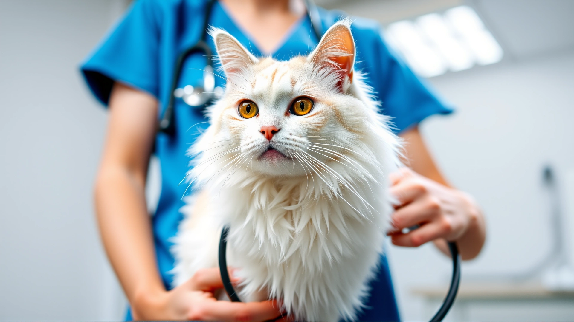 Veterinarian wearing blue scrubs listening to a white Turkish Angora cat’s heartbeat with a stethoscope in a bright examination room.