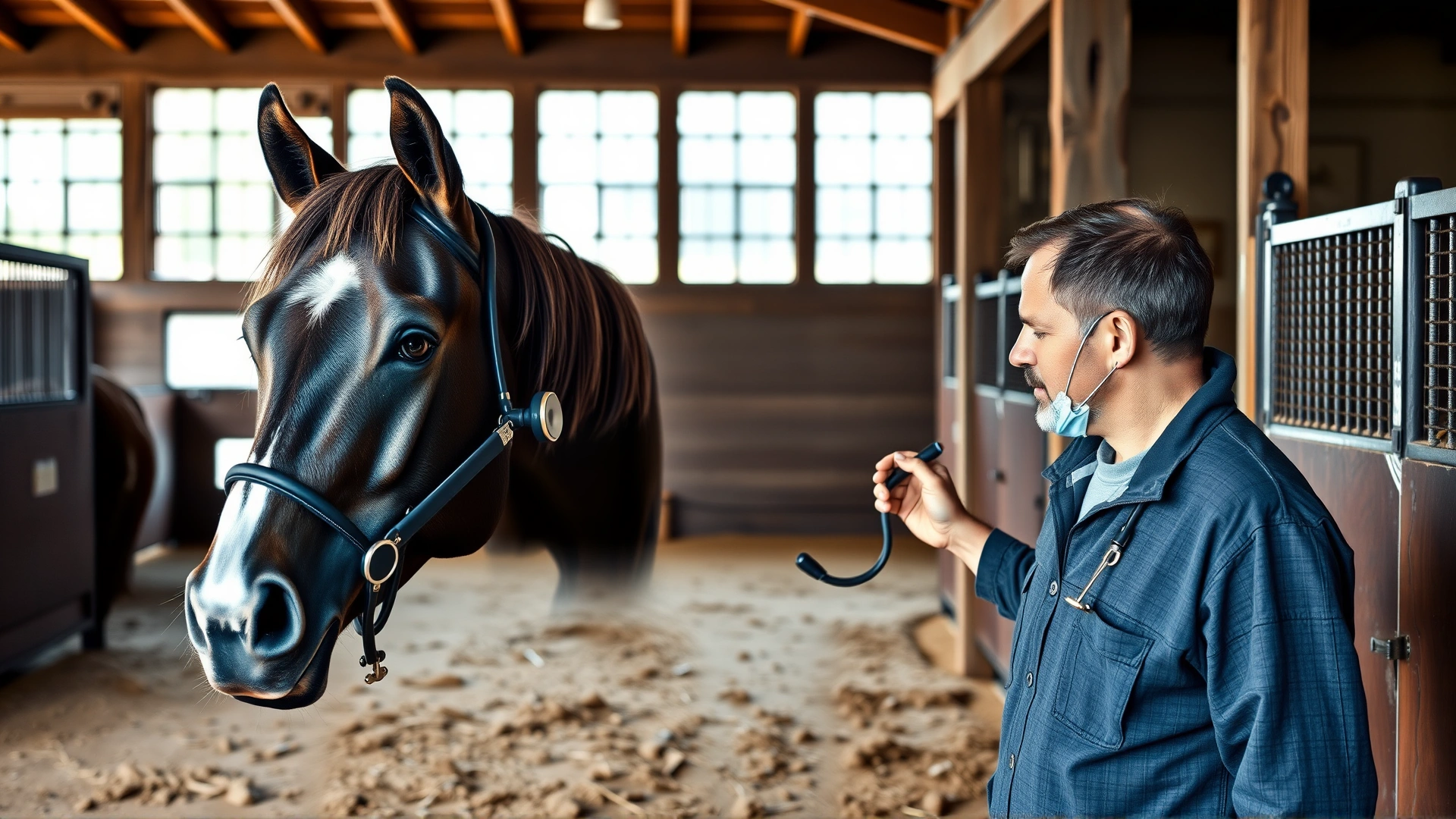A veterinarian in a barn examining a calm horse’s vital signs with a stethoscope while an owner watches with concern