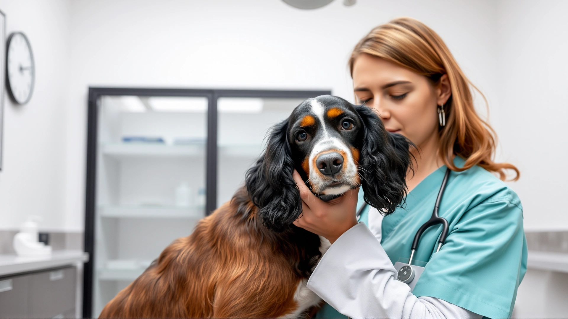 Veterinarian examining the ears of a Boykin Spaniel in a modern clinic