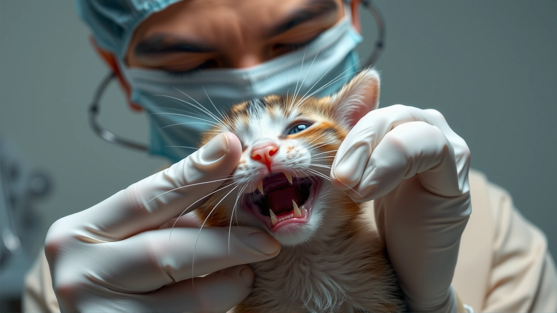Veterinarian gently lifting a kitten's lip to examine pale gums, veterinary clinic setting, soft lighting