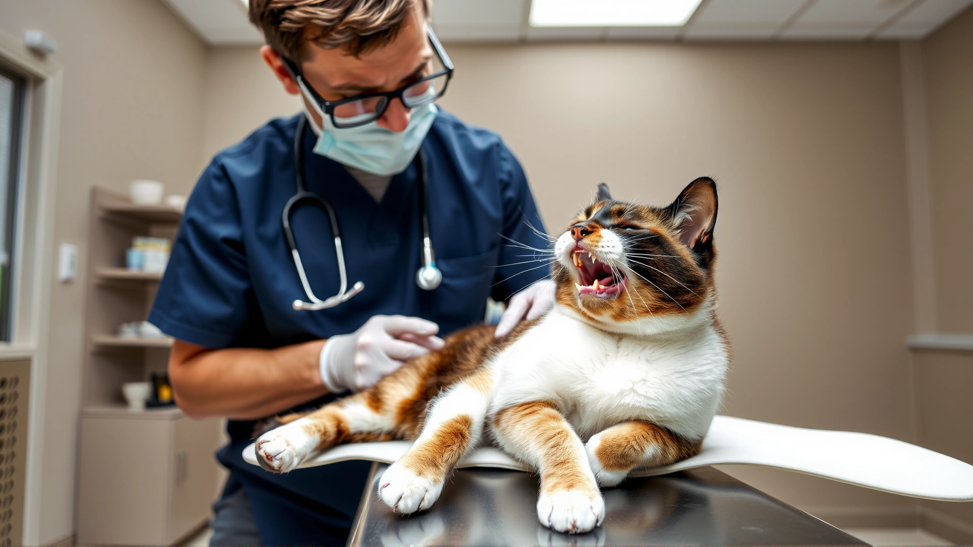 Veterinarian examining the teeth of an Exotic Shorthair cat on an exam table in a modern clinic.