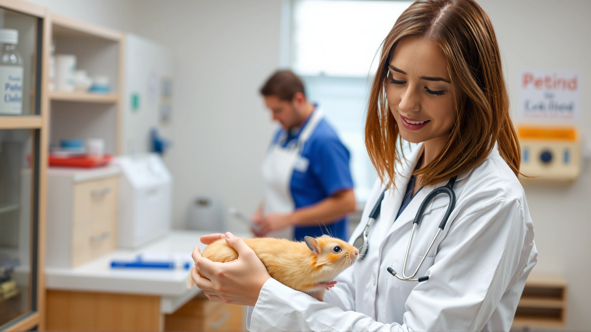 A female veterinarian wearing a white coat gently examining a golden hamster in a bright clinic setting, conveying professional care.