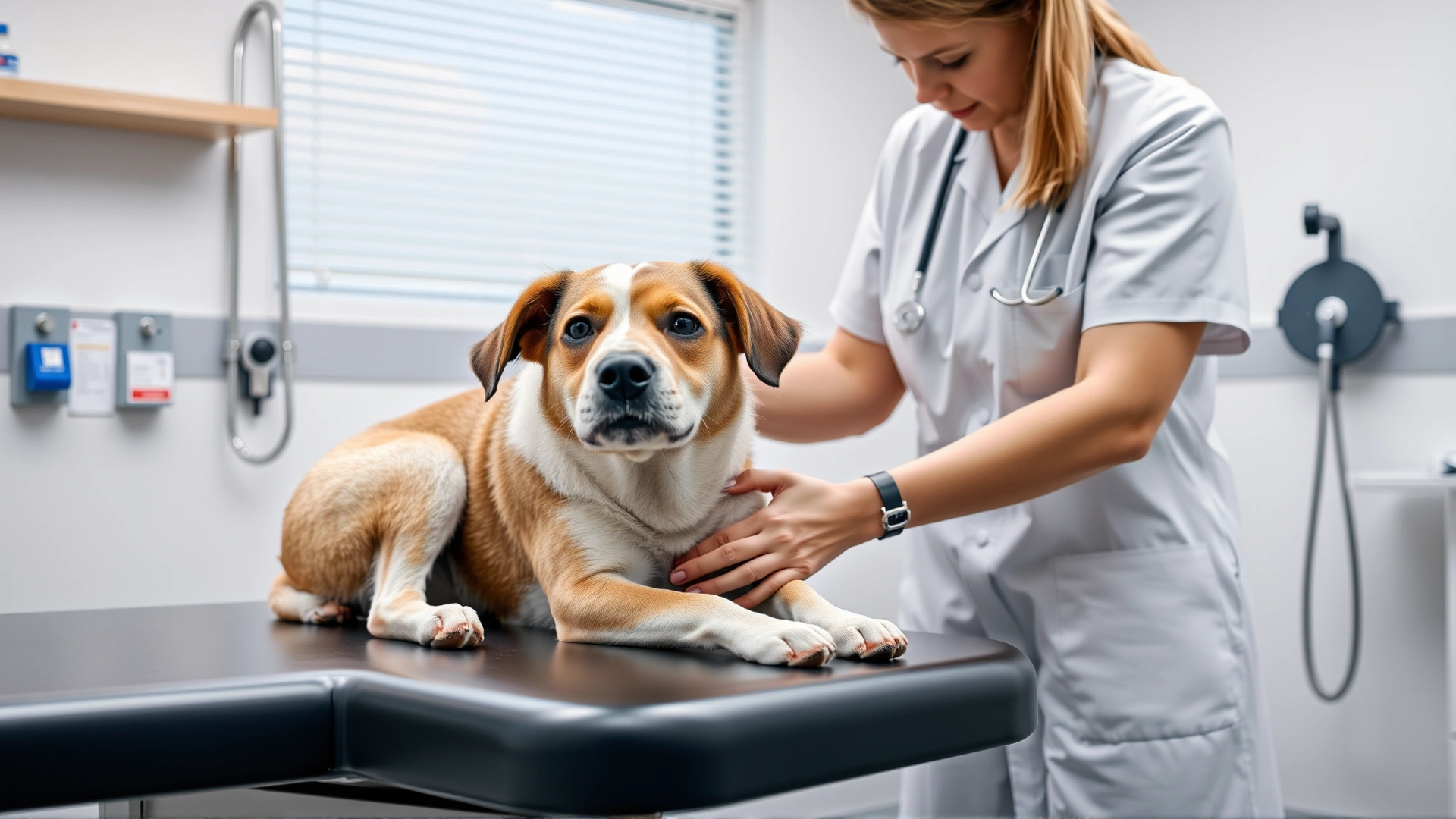 Veterinarian gently examining a calm dog on an exam table in a bright, modern clinic, showing the medical assessment step.