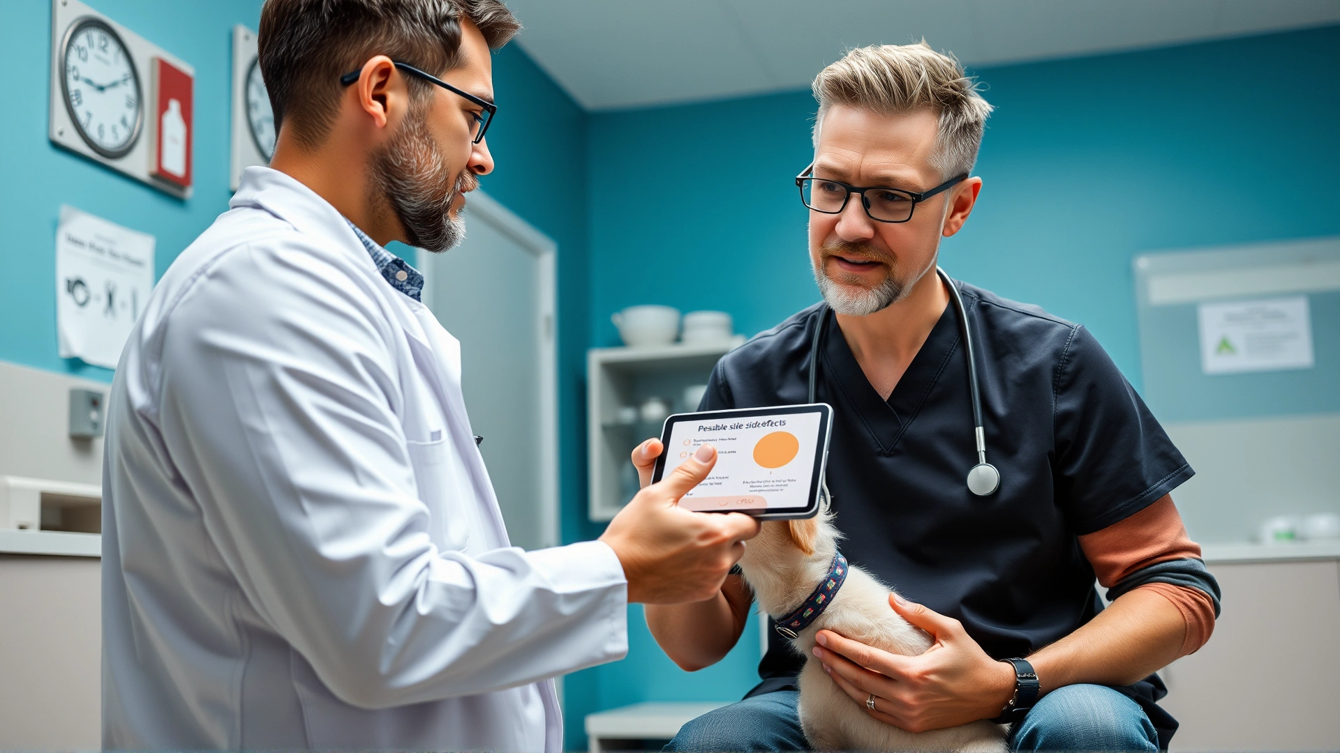 Concerned pet owner talking to a veterinarian who is pointing at a digital tablet showing possible side effects, veterinary clinic interior, both individuals wearing casual clothing, natural interaction
