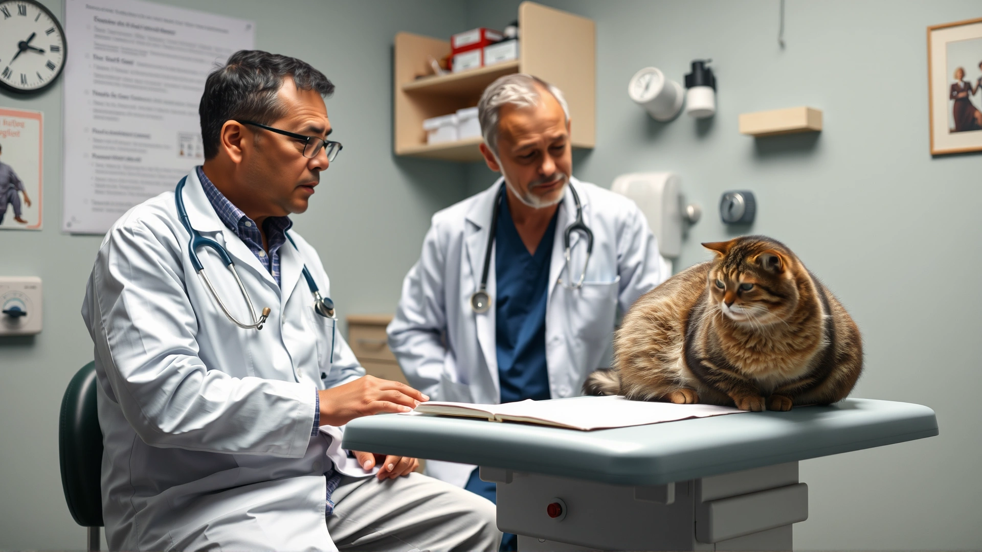Calm veterinary office scene where a veterinarian gently discusses treatment options with a concerned pet owner while a senior cat rests on the exam table.