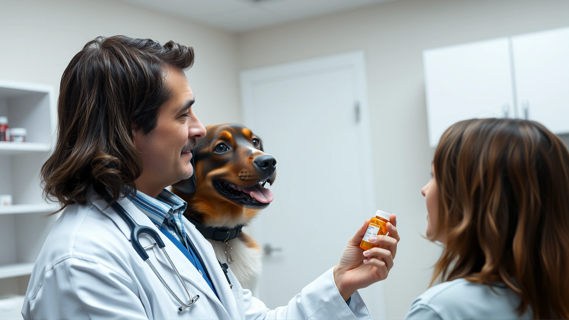 A veterinarian in a white coat discussing a prescription with a pet owner while holding a pill bottle in a clean exam room.