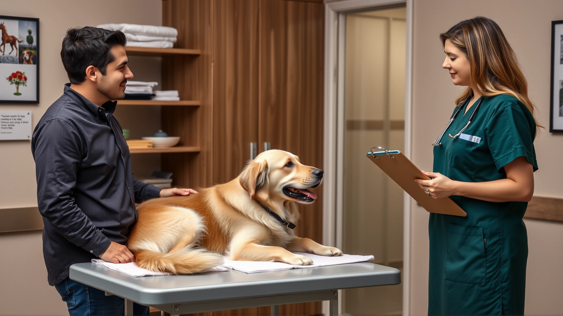 Pet owner speaking with veterinarian in exam room; golden retriever on table, vet holding clipboard; conveys professional consultation, no text.