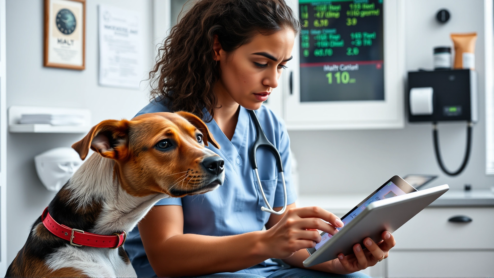 Photo of a concerned dog owner discussing medication with a veterinarian in an exam room, both looking at a tablet displaying health data, high resolution.