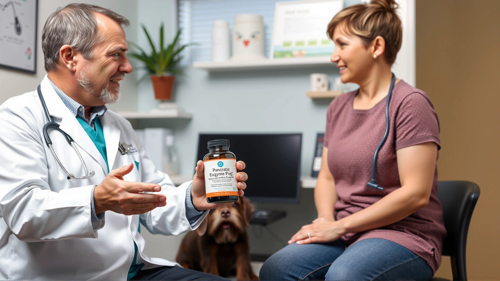 Veterinarian talking to pet owner in clinic while holding a bottle of pancreatic enzyme supplement