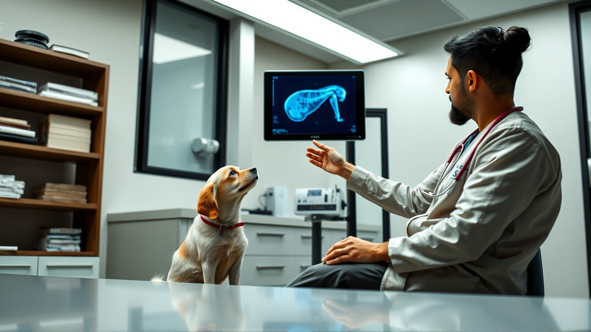 Veterinarian discussing a pet's X-ray with the owner in a modern clinic, both looking at a monitor, dog sitting calmly beside.