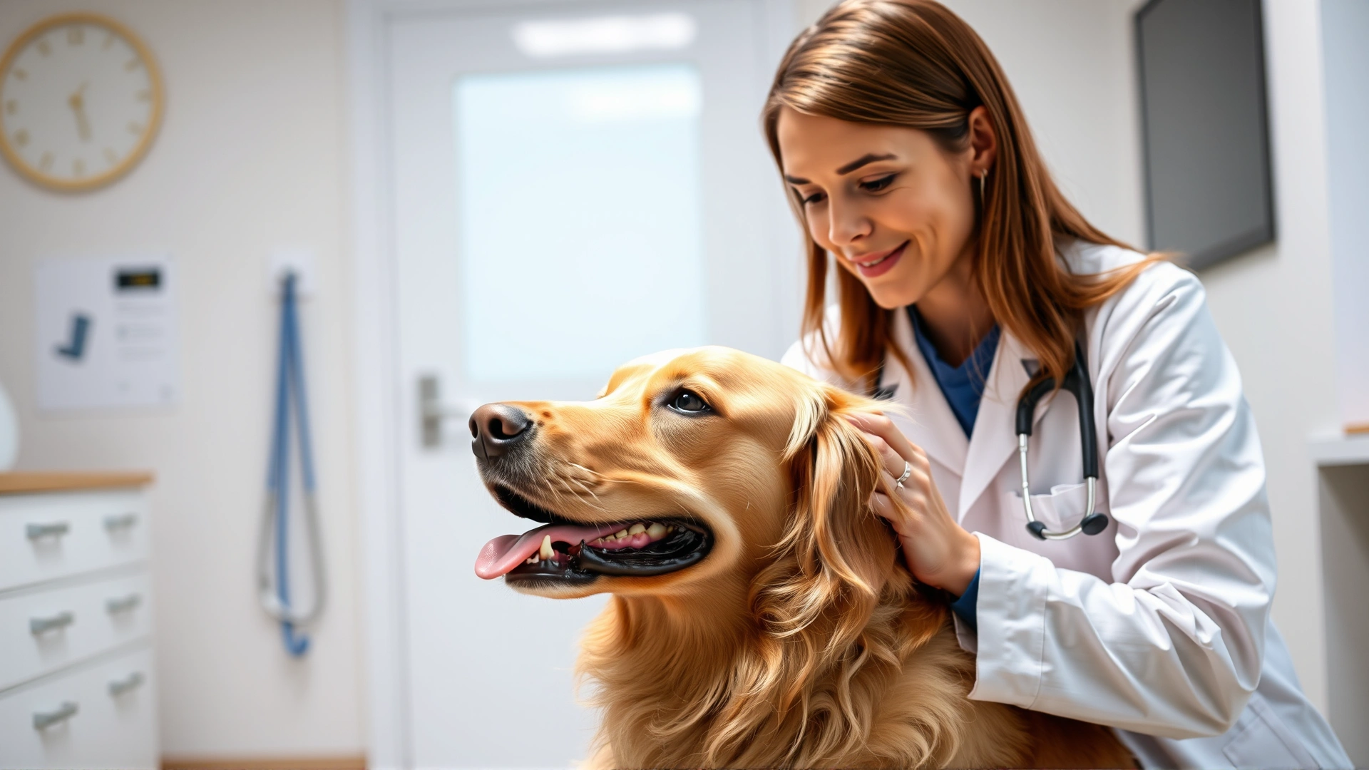 A friendly veterinarian in a white coat gently examining a golden retriever in a bright clinic room, emphasizing professional guidance