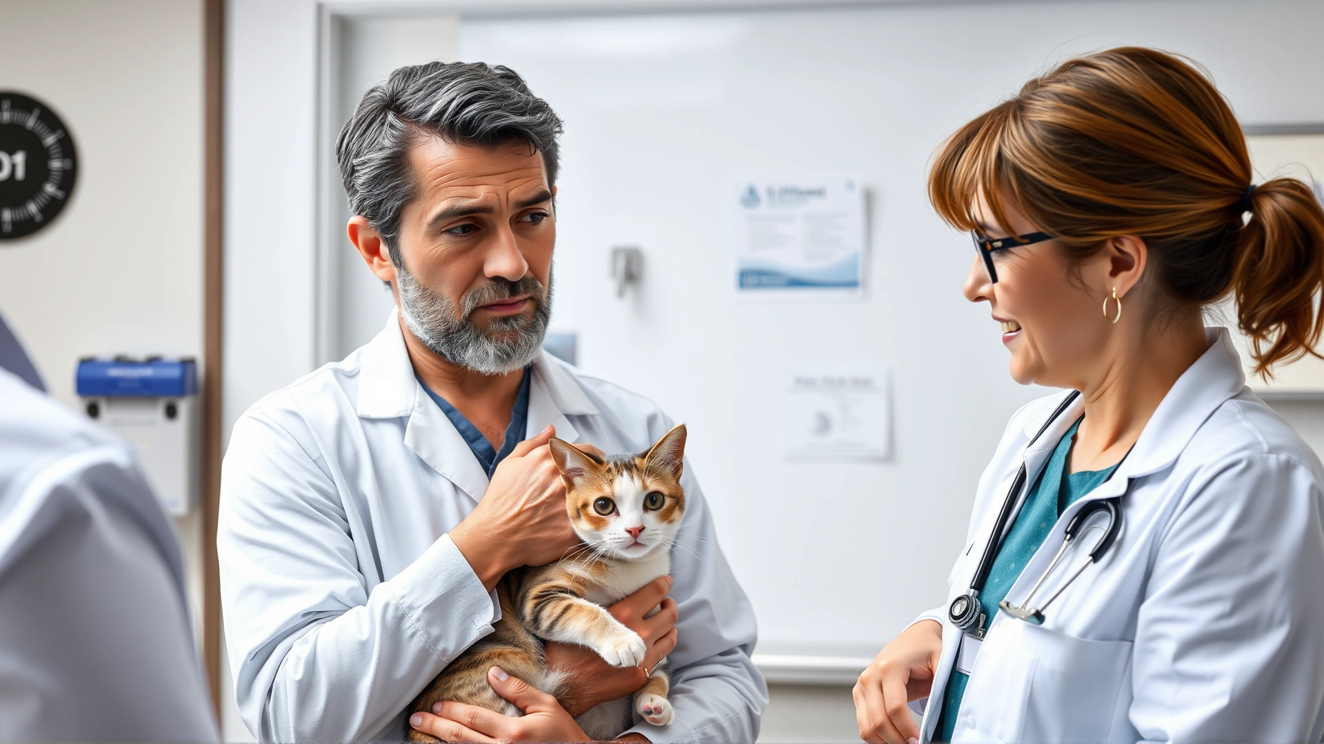 Concerned pet owner holding a cat in a veterinary clinic while speaking to a vet wearing a white coat.
