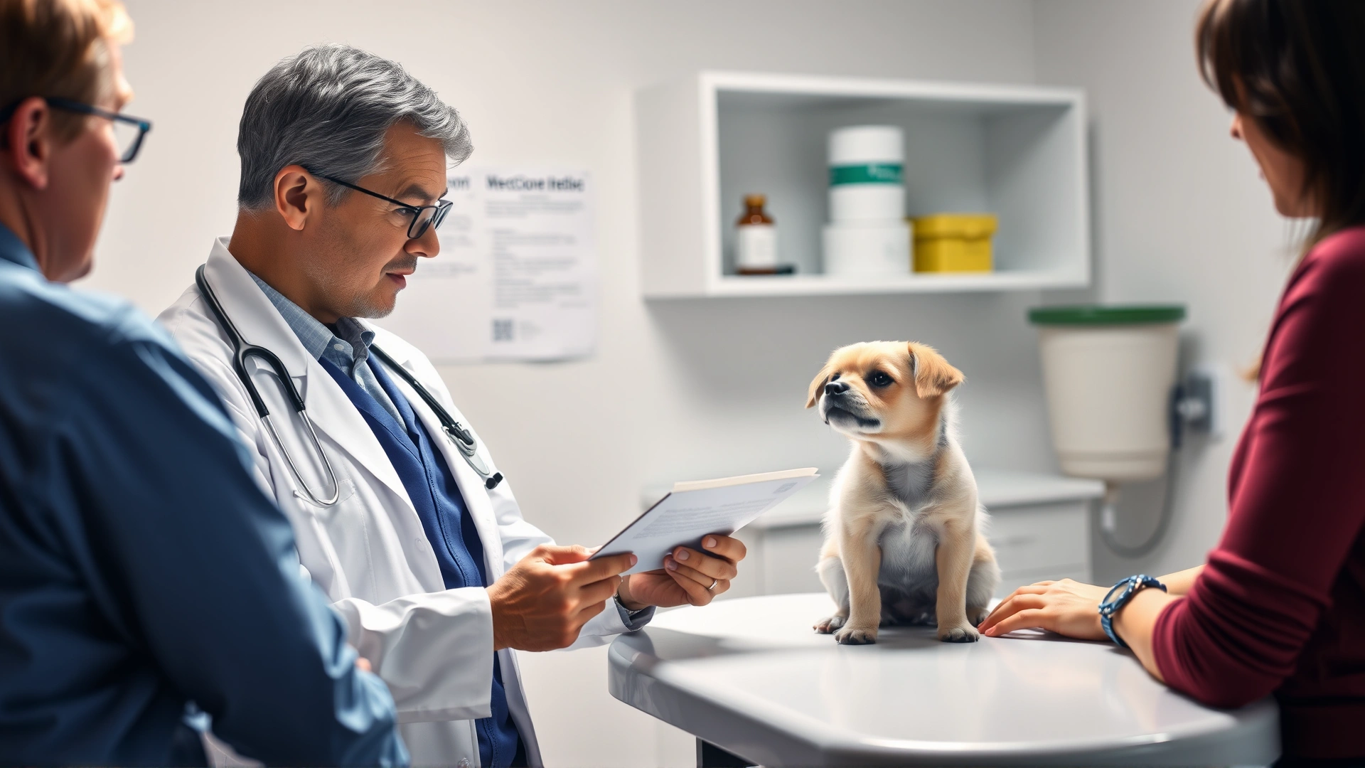 A veterinarian in a white coat discussing medication instructions with a pet owner while a small dog sits calmly on the exam table, no text, high-resolution photo.