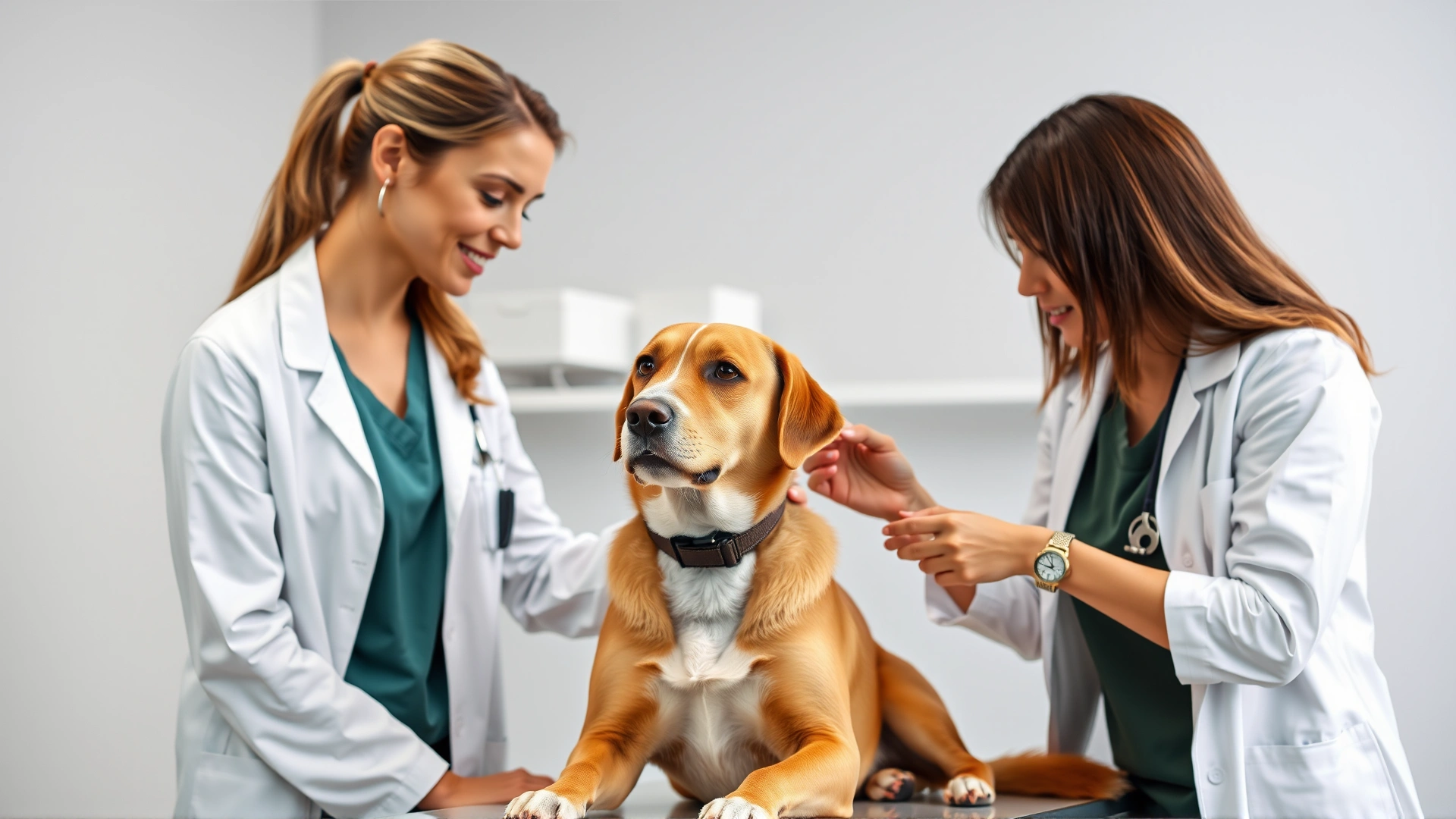 Female veterinarian in white coat discussing medication with a dog owner, dog sitting calmly on exam table