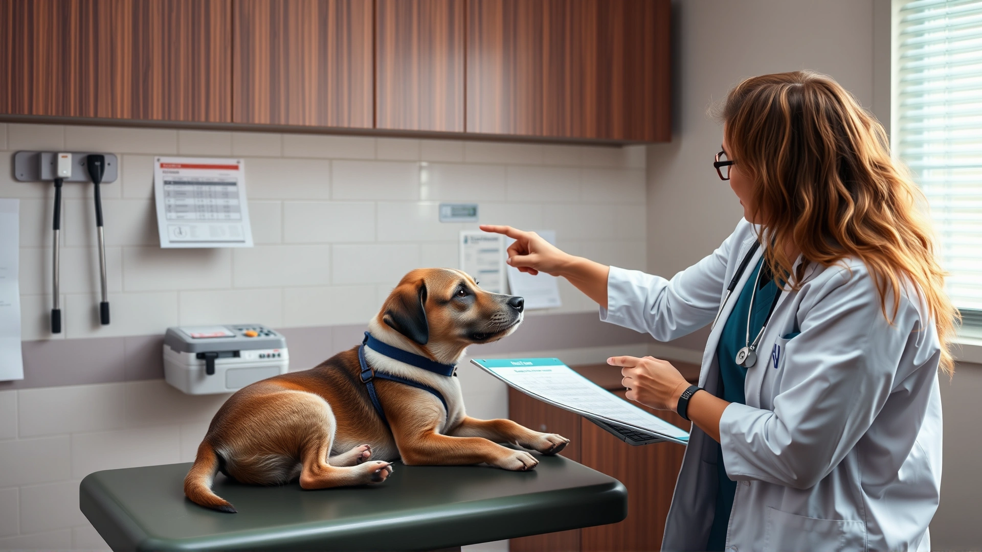 Pet owner consulting a veterinarian in a clinic, with a dog on the exam table and the vet pointing at a chart (no text visible)