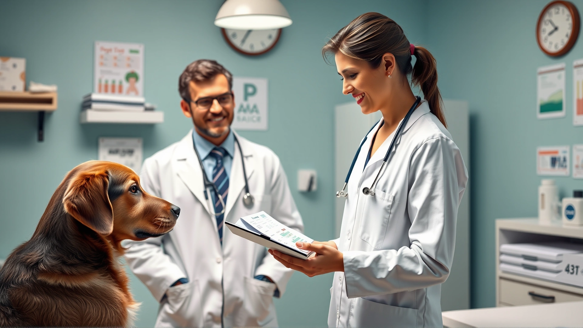 Veterinarian in clinic showing urinalysis results on clipboard to pet owner with a dog beside, friendly atmosphere