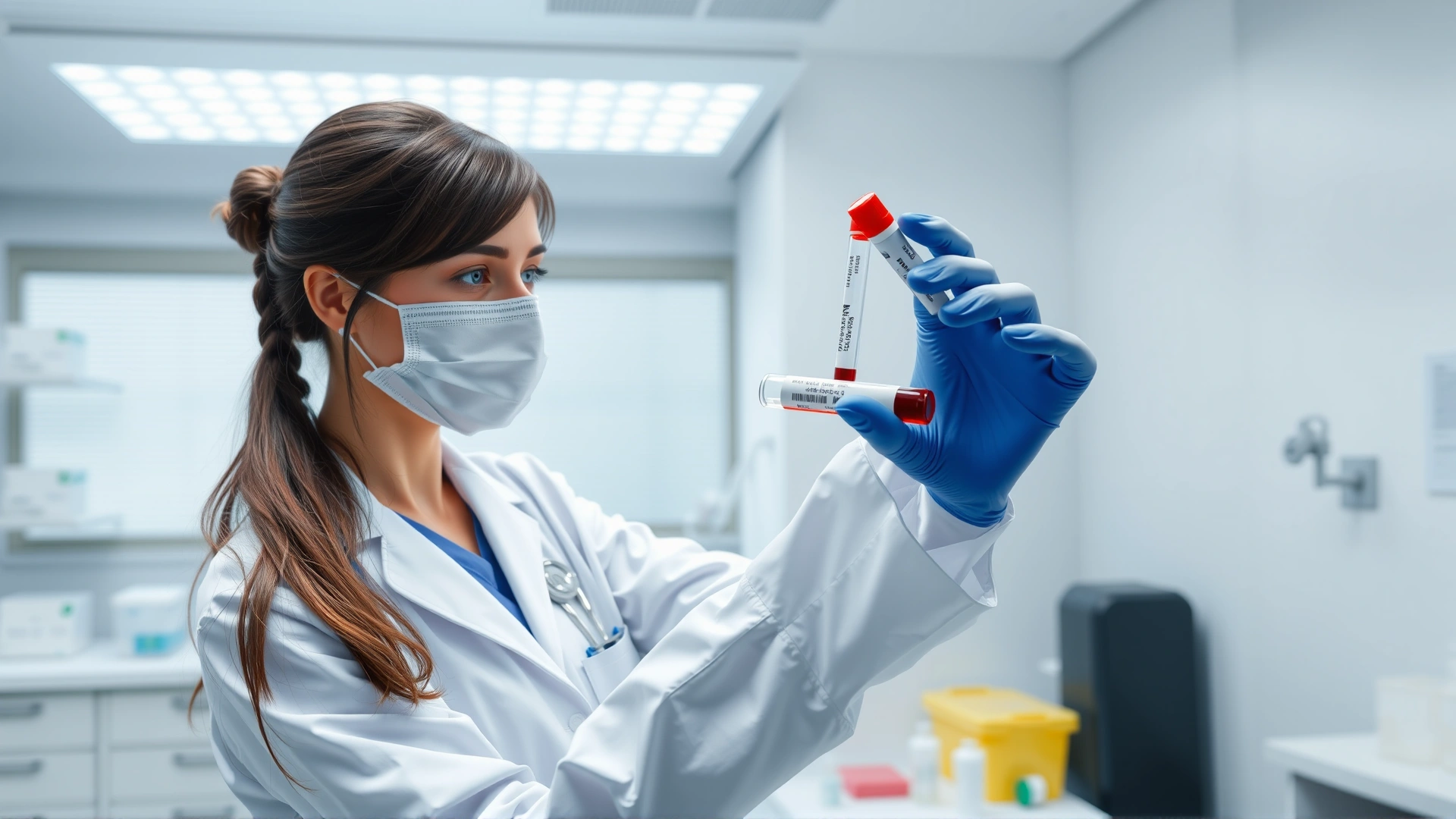 Female veterinarian in a white lab coat examining a blood sample in a test tube inside a modern veterinary laboratory.