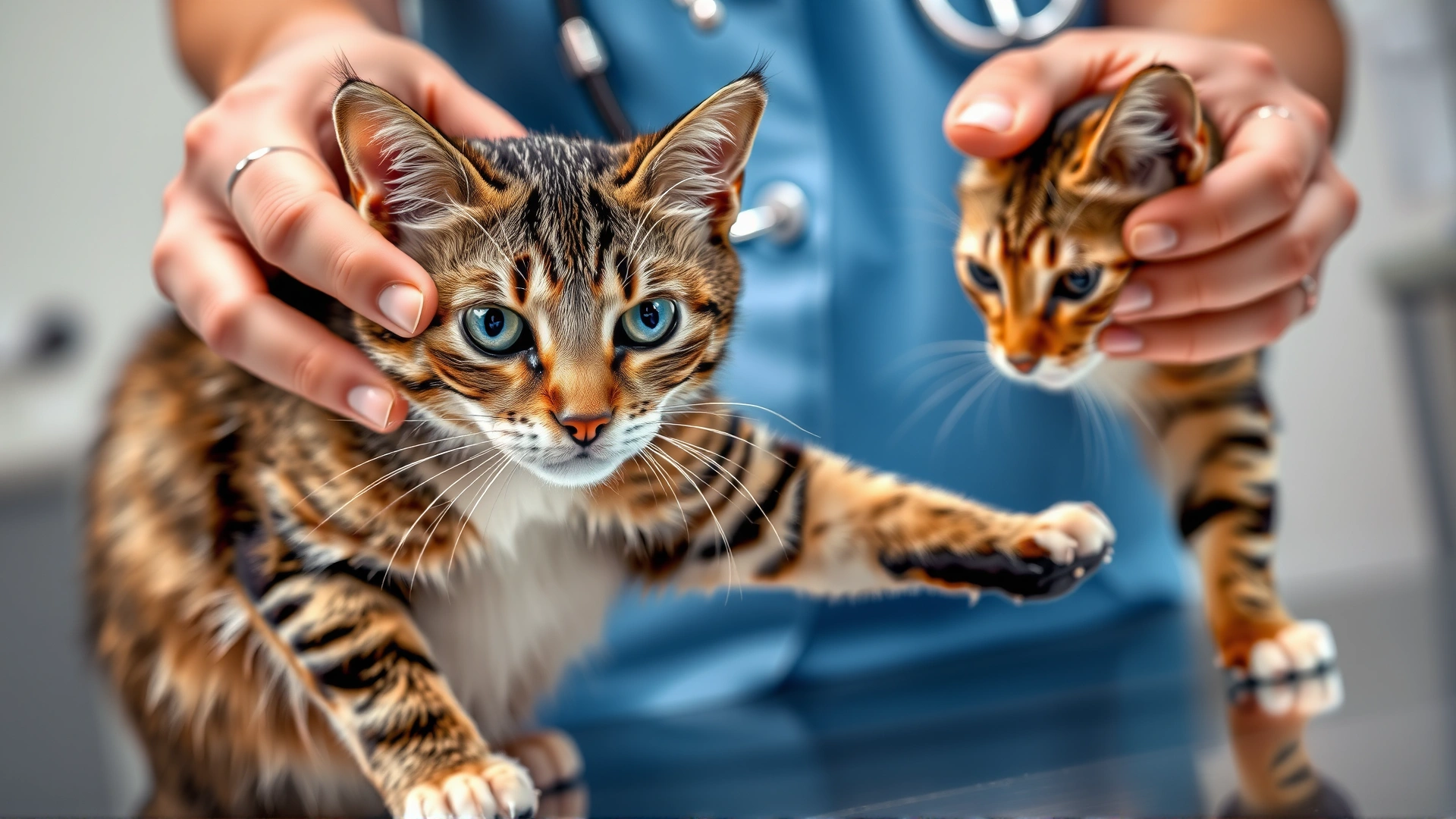 Veterinarian performing a neurological reflex test on a tabby cat’s hind leg in a clinical setting.
