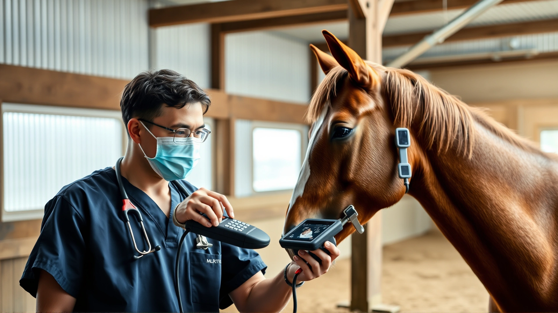 Veterinarian wearing scrubs uses a portable ultrasound device on a chestnut horse inside a barn, displaying attentive diagnostic process.