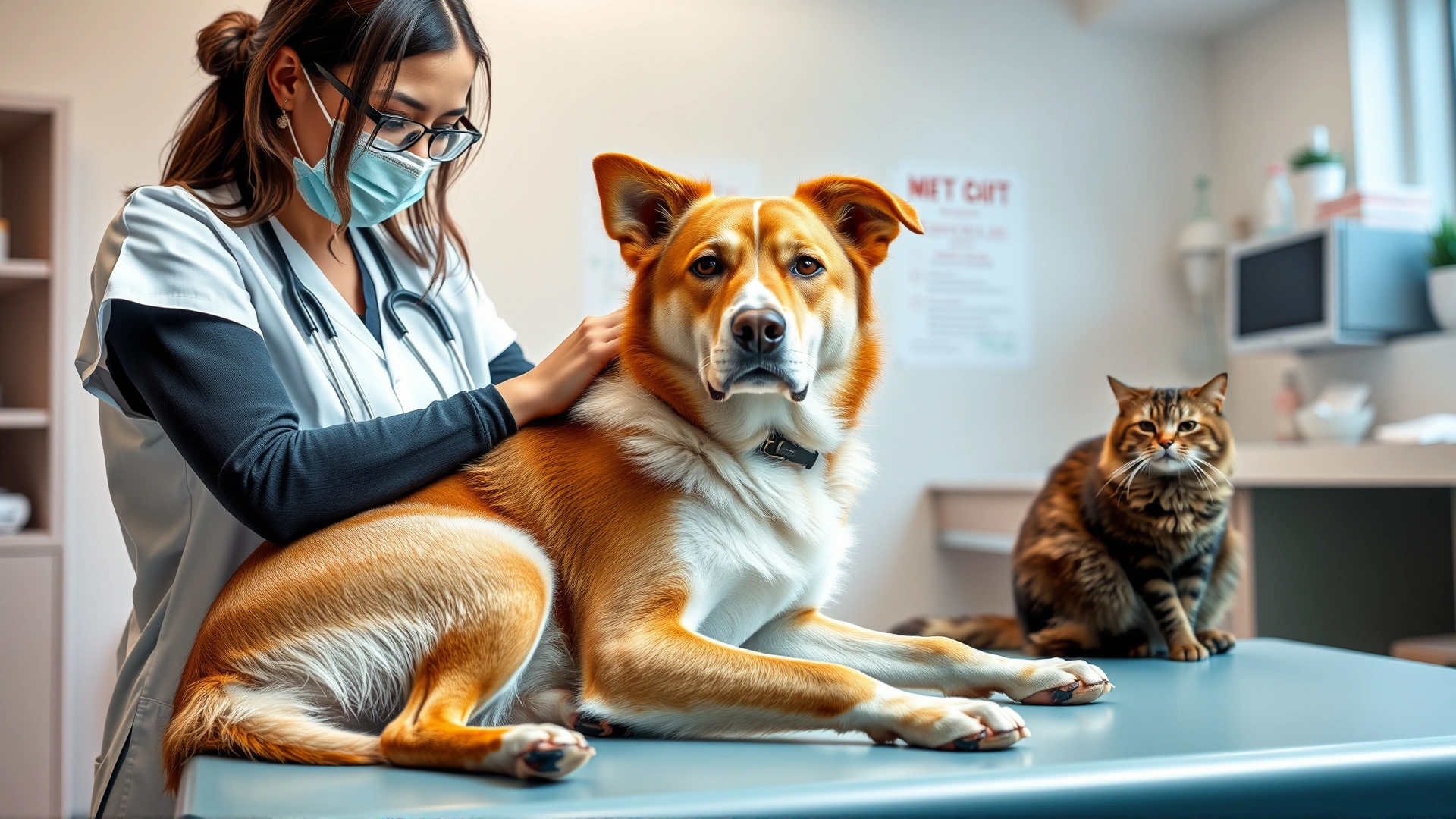 Veterinarian gently examining a medium-sized mixed breed dog with a calm cat sitting nearby on the examination table in a bright, modern vet clinic
