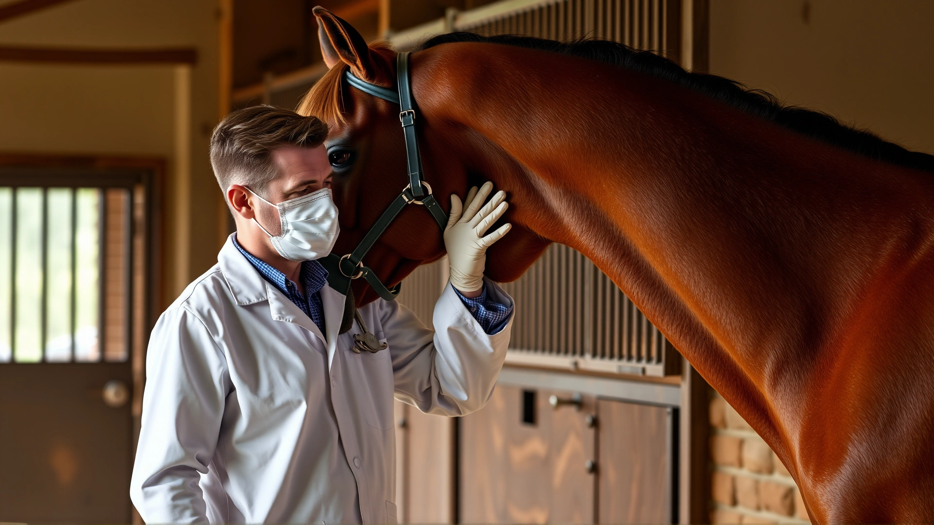 Veterinarian in stable gently lifting a horse's front leg while performing a physical examination.