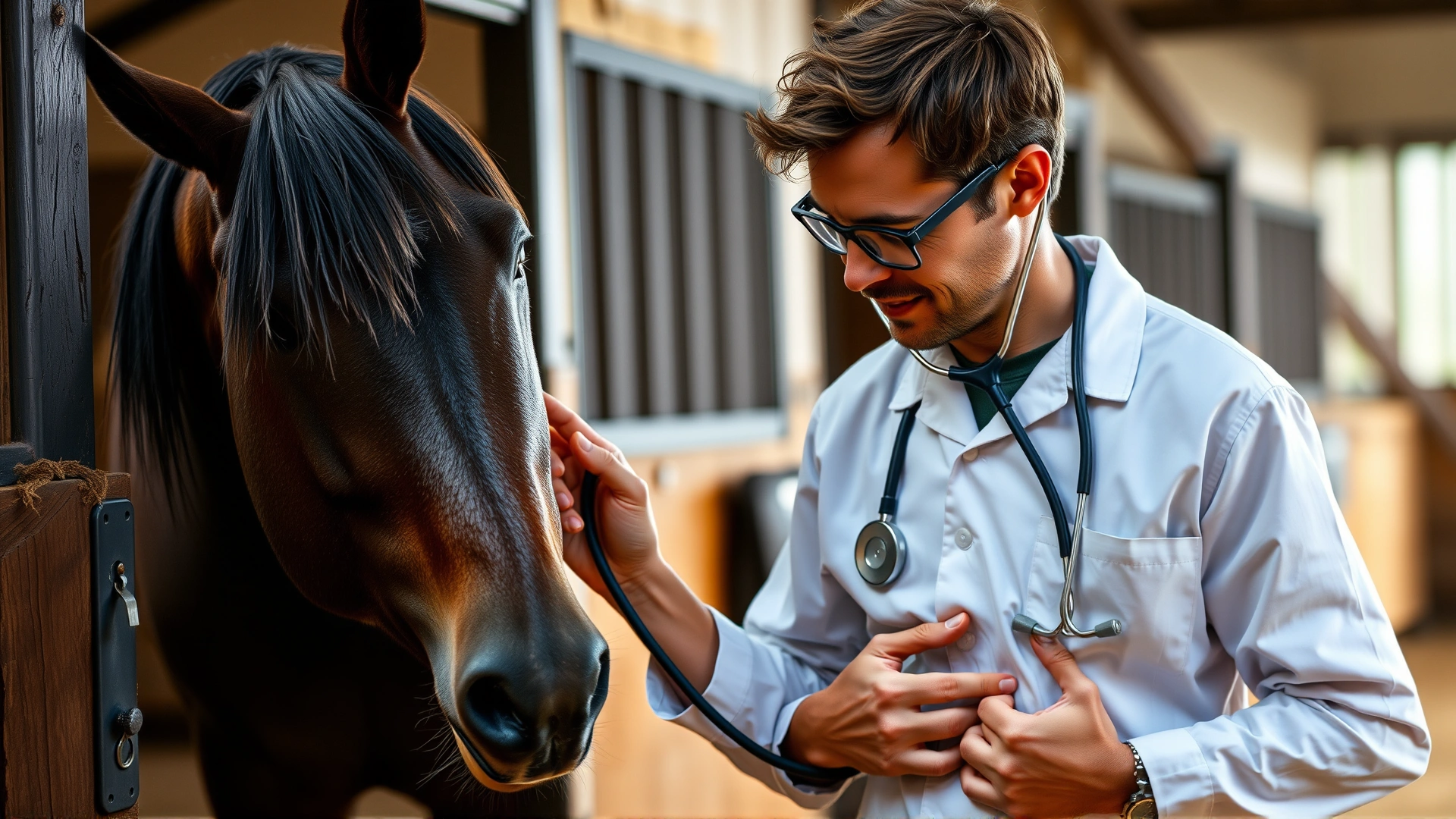 Veterinarian in barn gently examining a horse’s abdomen with stethoscope, illustrating the diagnostic process