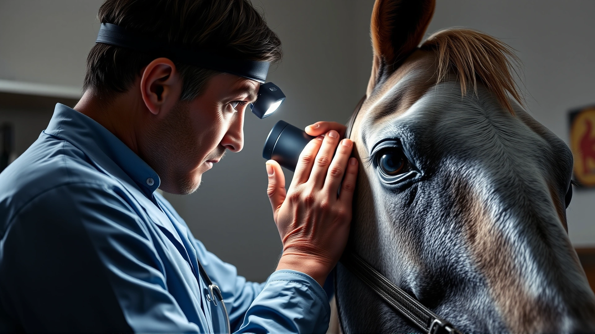 Veterinarian wearing a headlamp gently examining a horse's eye in a clinic setting