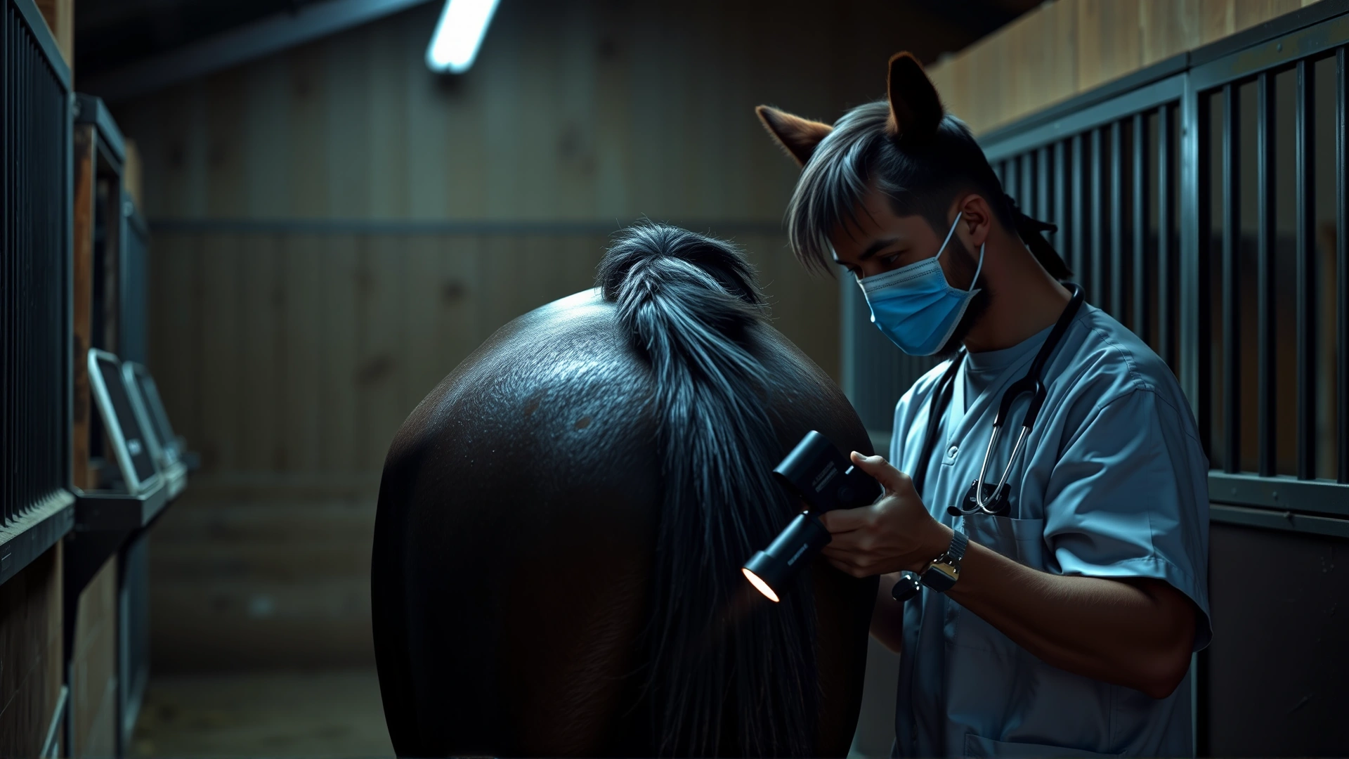 Equine veterinarian in barn gently lifting a horse’s tail while inspecting skin, holding flashlight