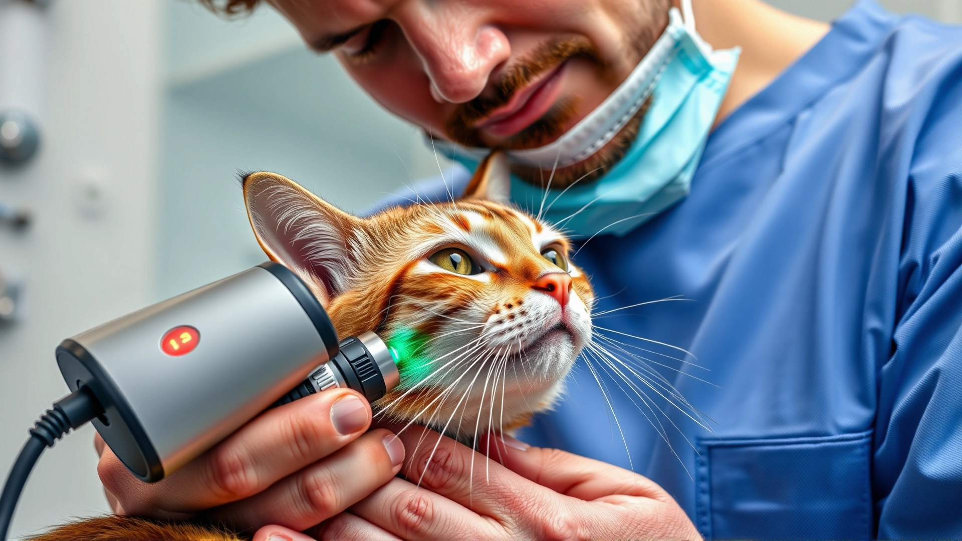 Veterinarian using a handheld dermatoscope to closely examine a cat’s skin lesion, focus on the device and lesion, clinic background.