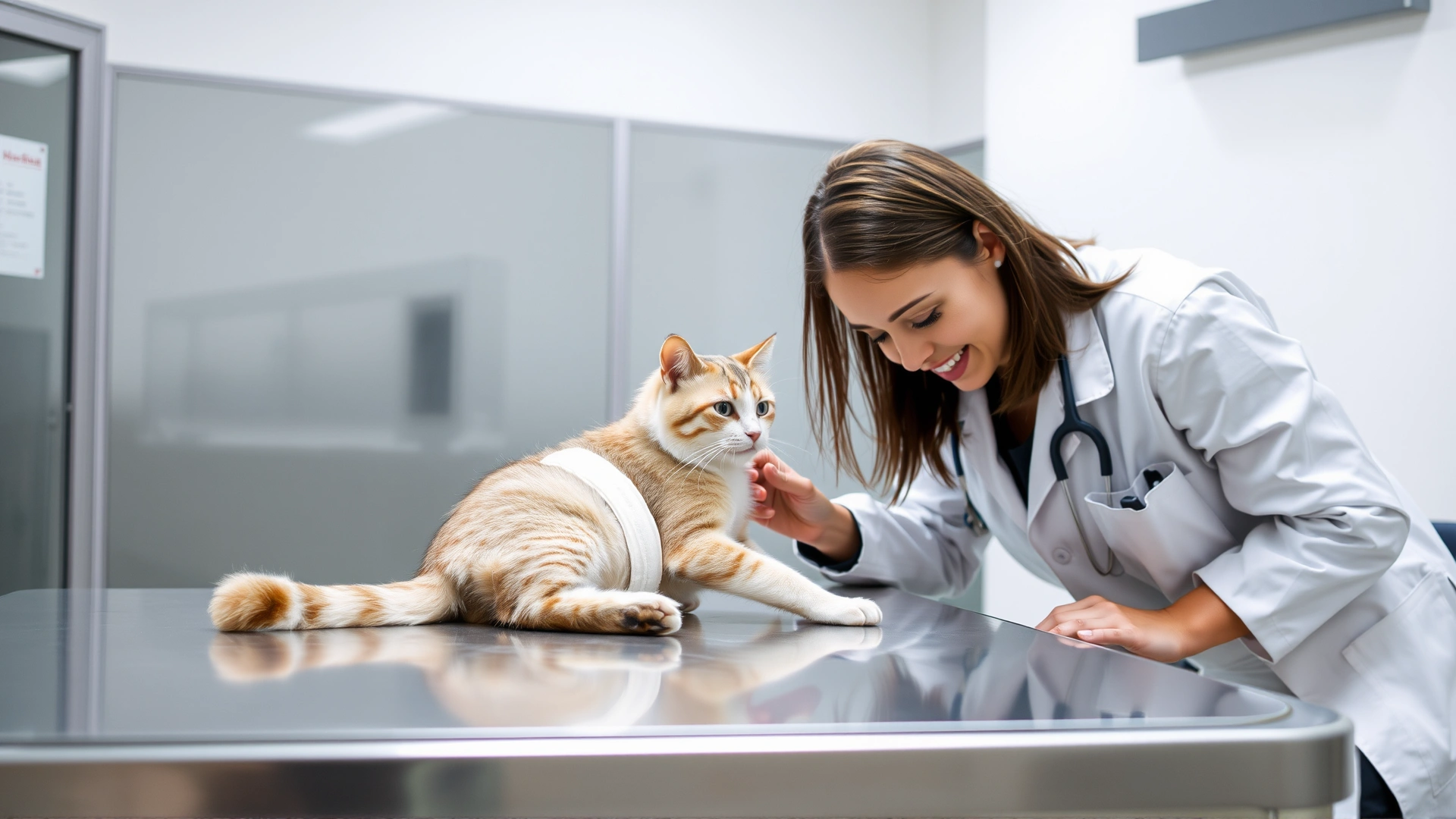 Veterinarian in a white coat examining a bandaged cat on a stainless steel table in a modern clinic, caring expression.
