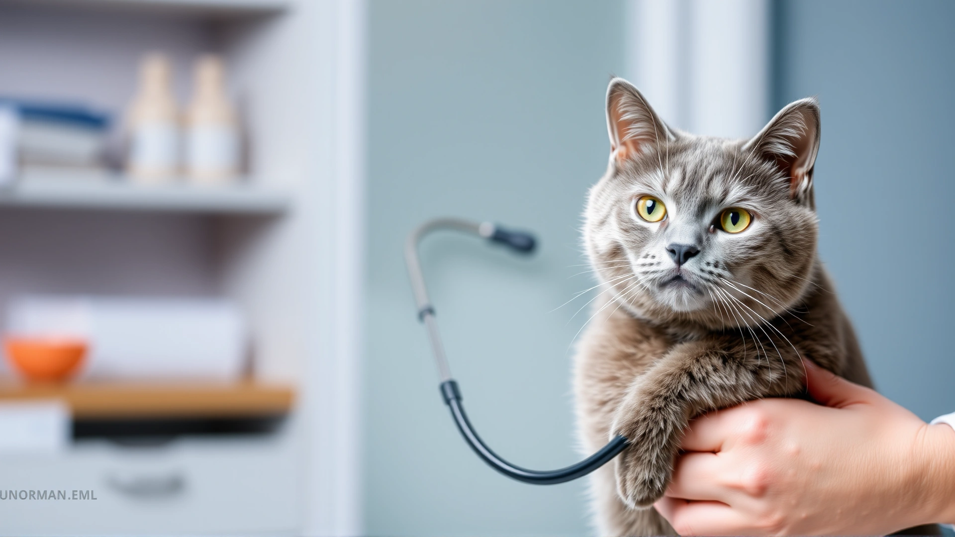Photo of a veterinarian in a white coat gently auscultating a grey domestic cat with a stethoscope in a modern clinic setting.