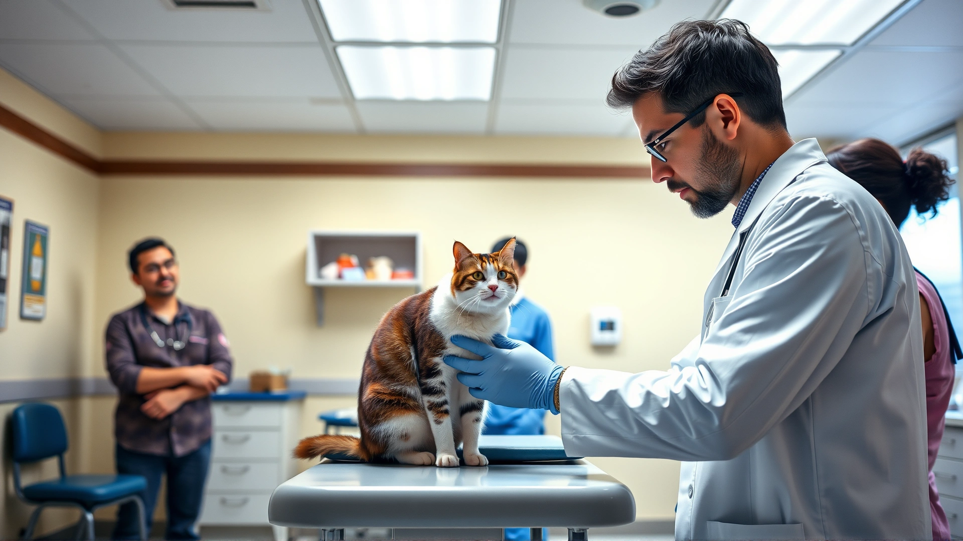 Wide shot of a veterinarian in white coat examining a cat on the exam table while the owner watches, bright veterinary clinic interior, no text