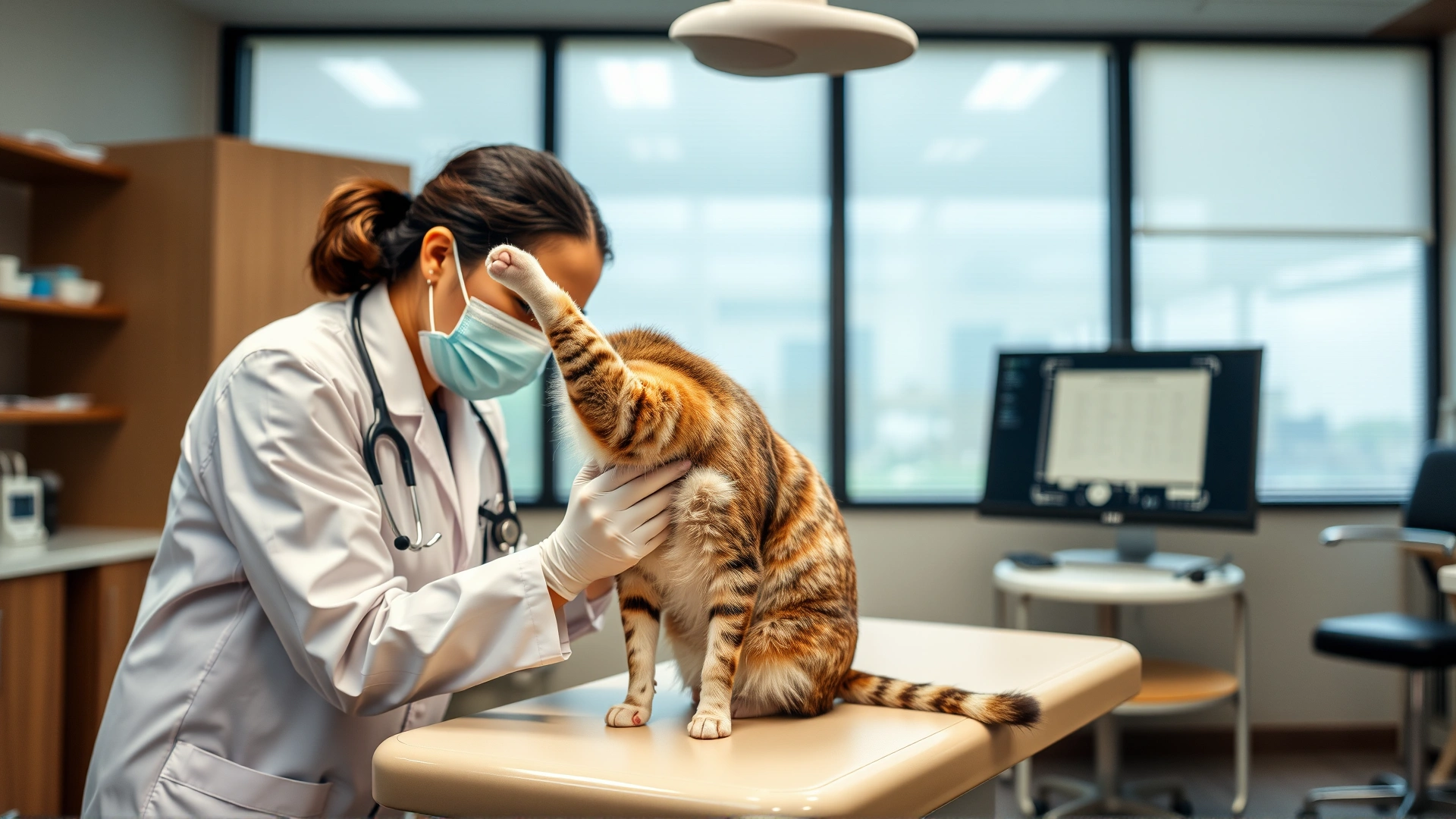 Veterinarian gently flexing a cat's hind leg on an examination table in a modern veterinary clinic.