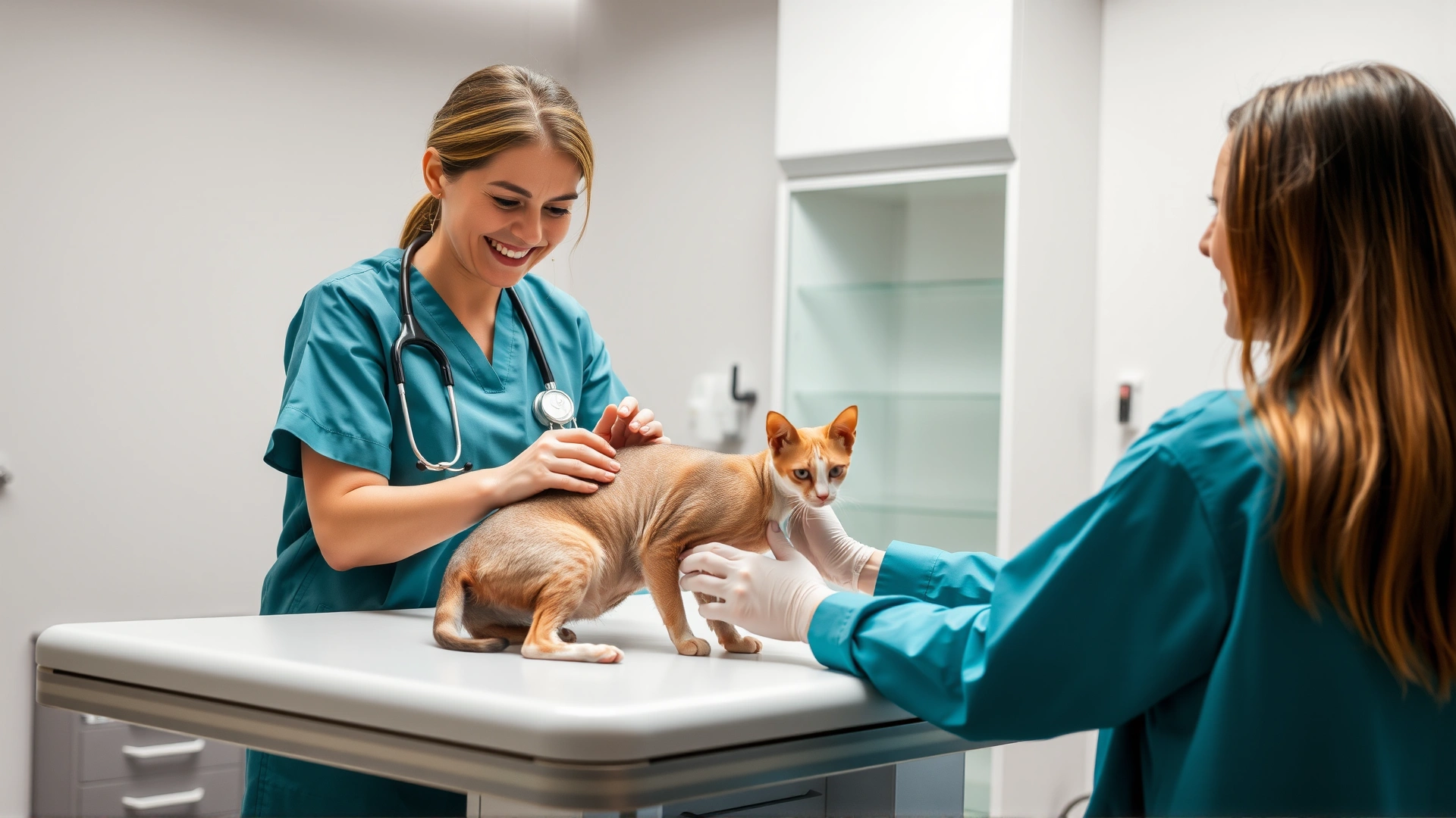 Female veterinarian examining a tailless adult Manx cat on an exam table in a modern clinic, smiling, no text