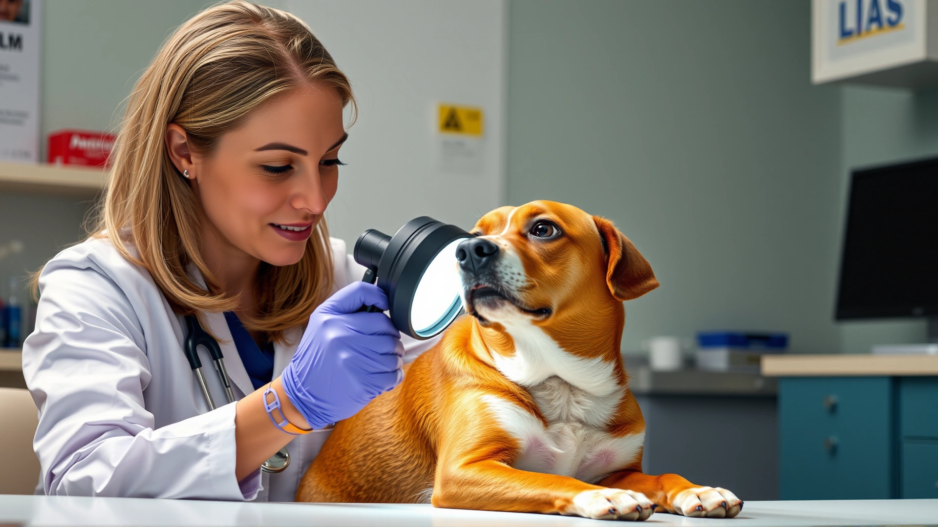 Female veterinarian examining a dog's skin infection using a magnifying light in a clinical setting, dog appears cooperative