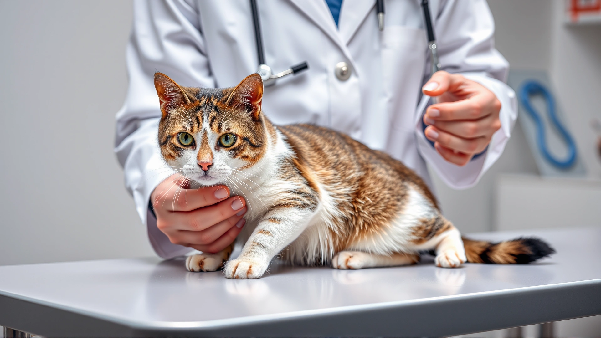 Veterinarian in white coat gently examining a cat on a clinic table, focus on medical care.