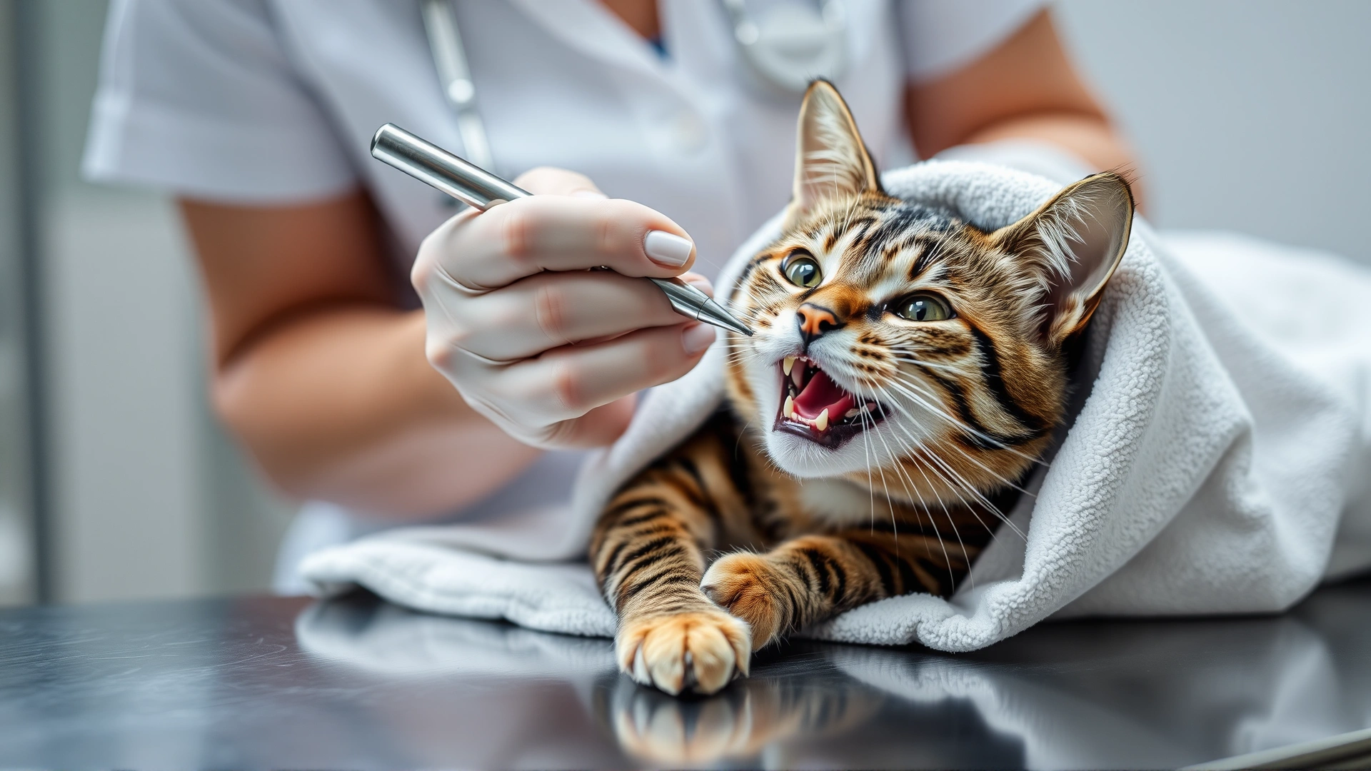 Female veterinarian using a dental probe to inspect a tabby cat’s teeth while the cat is wrapped in a towel on a stainless steel exam table
