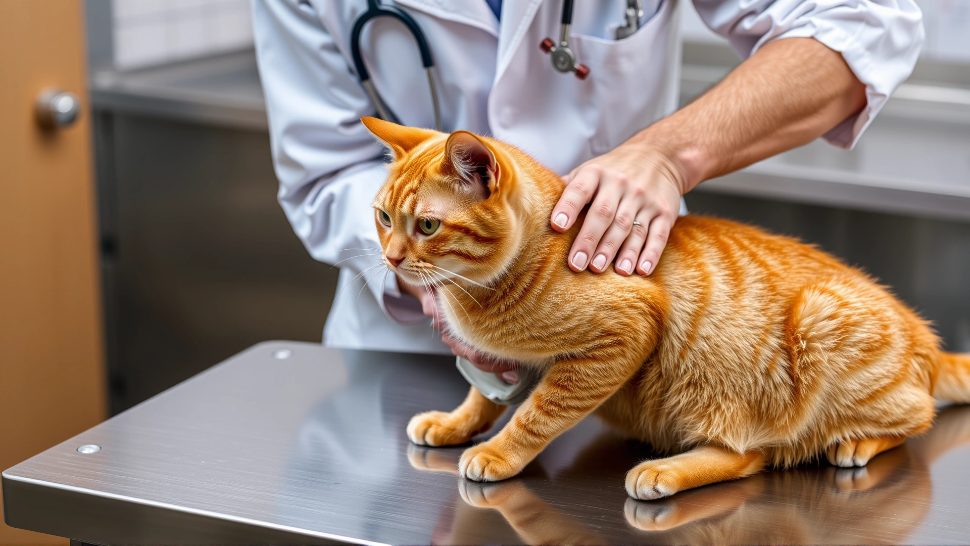 Veterinarian palpating the abdomen of a ginger domestic cat during a routine physical examination on a stainless steel table