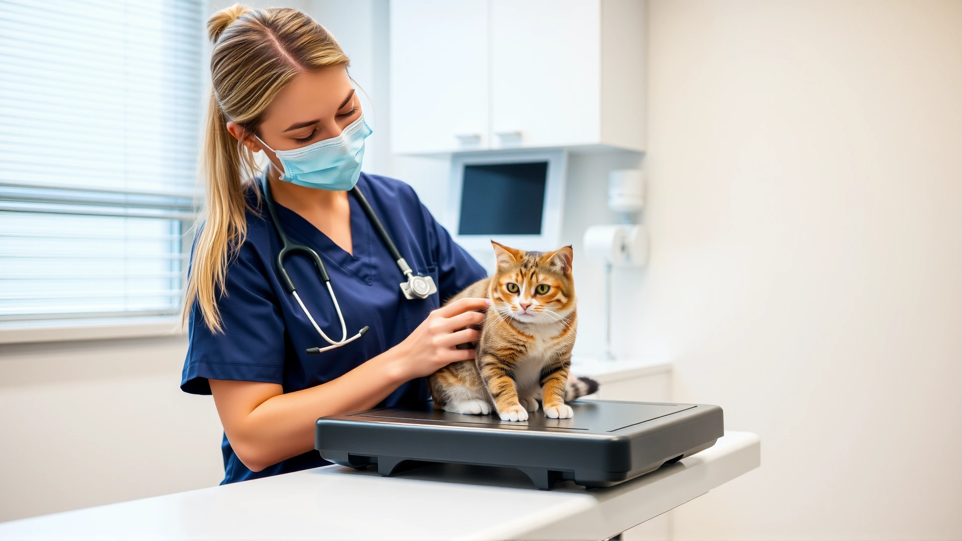 Female veterinarian wearing scrubs gently examining a cat on an exam table in a modern clinic