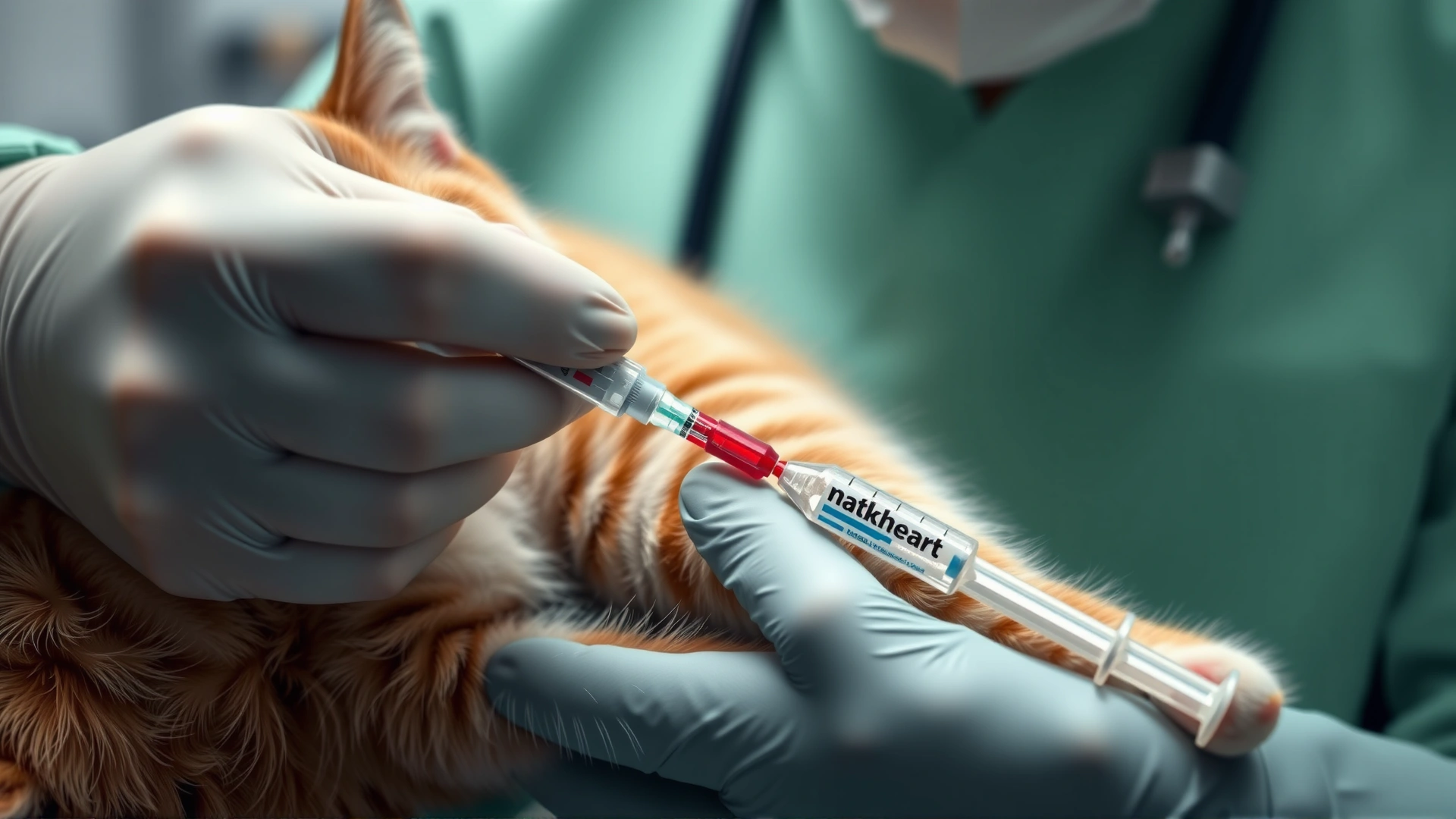 A veterinarian drawing blood from a cat's front leg using a small syringe, clinical setting, close-up.