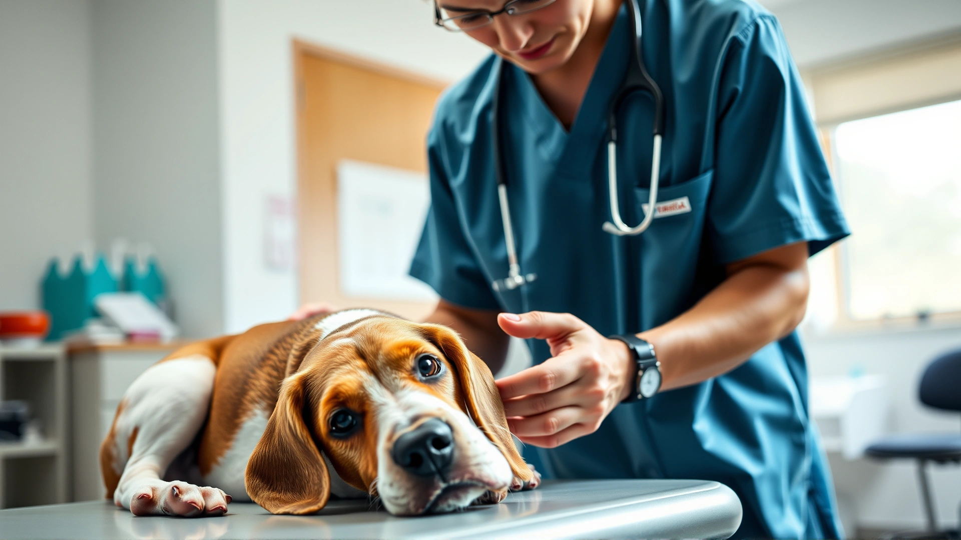 Veterinarian gently examining an elderly beagle on an examination table, stethoscope visible, bright clinic environment.