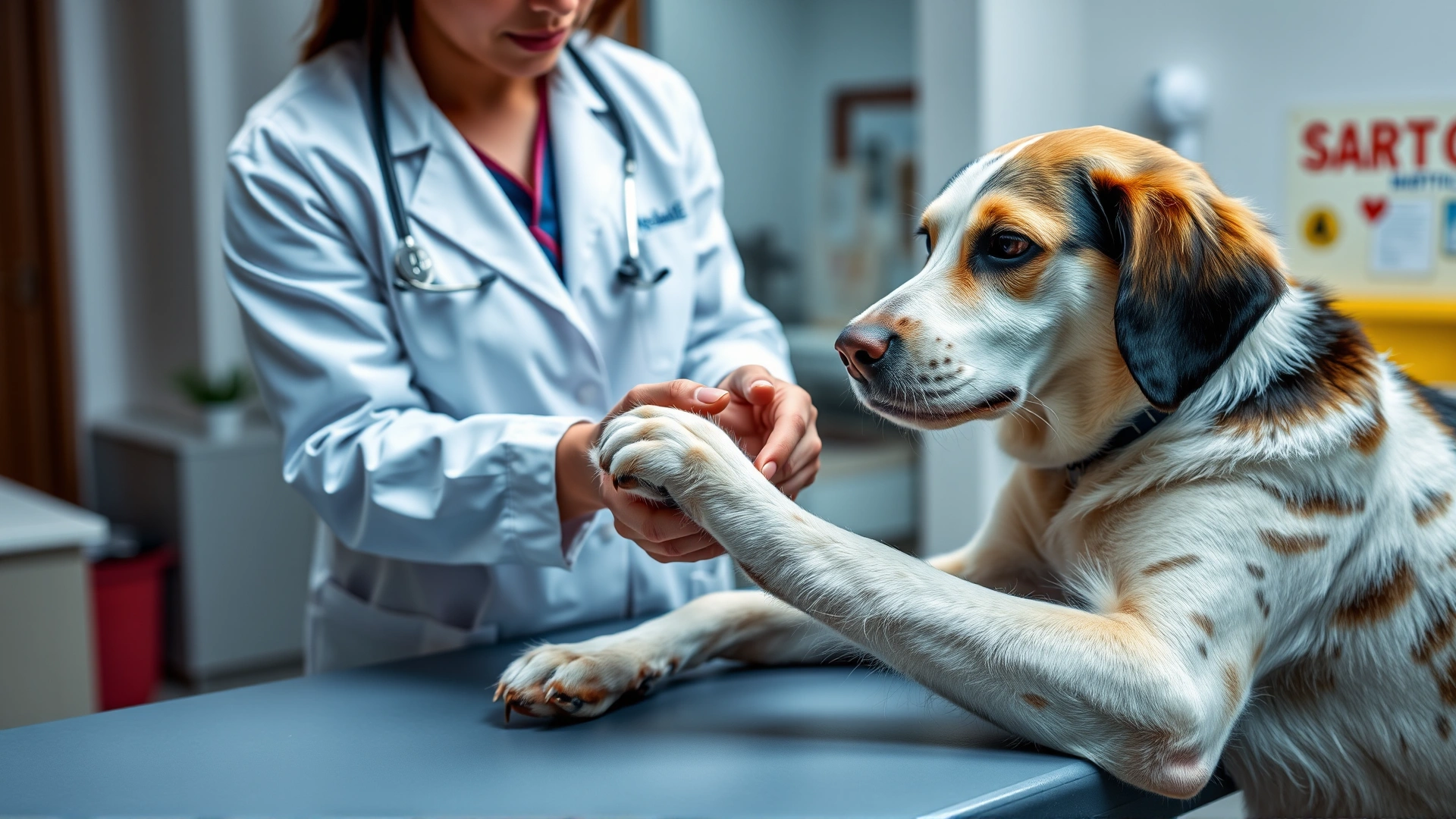 Veterinarian wearing white coat examining a dog's paw on an examination table in a bright clinic.