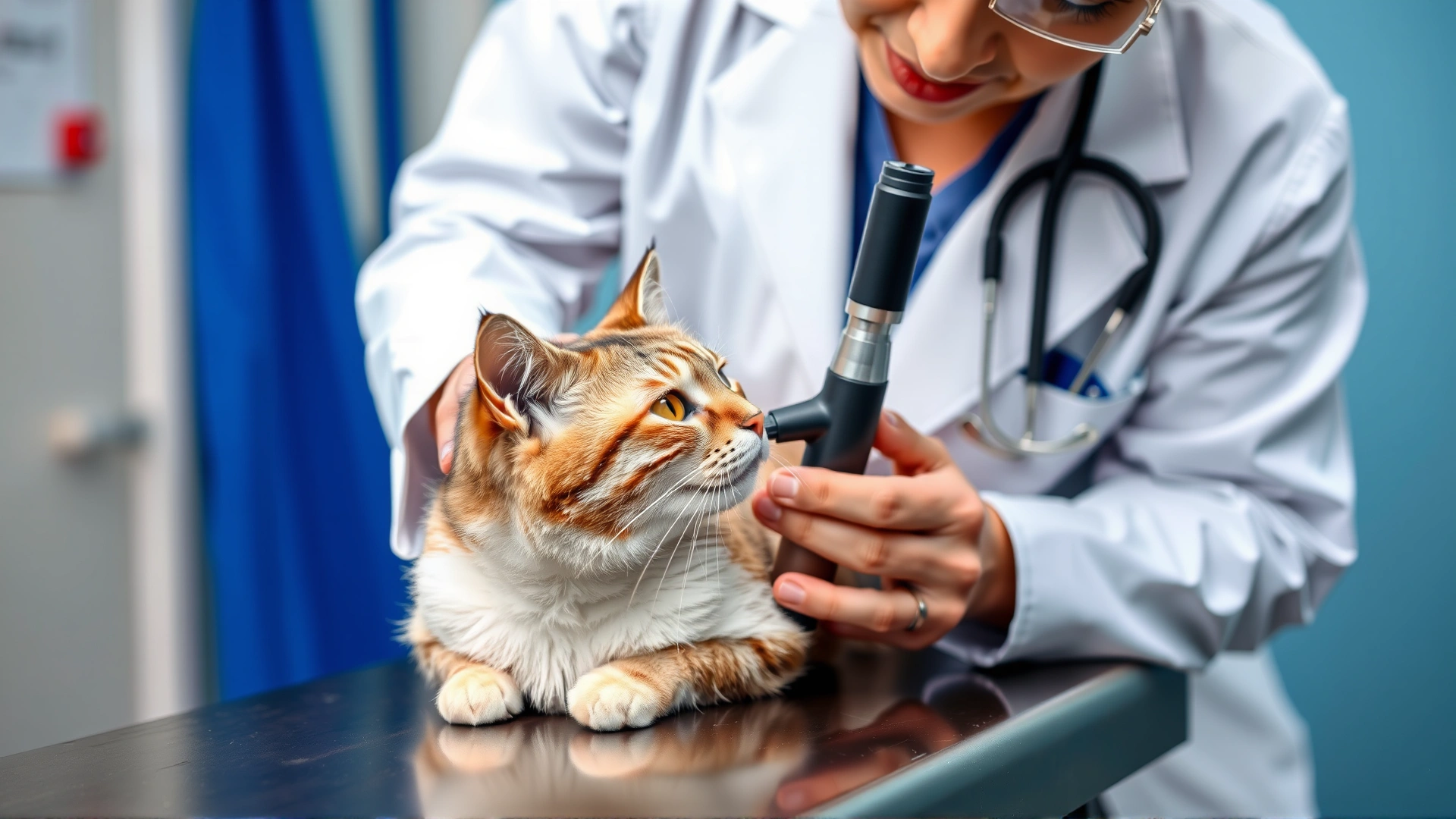 Photo of a veterinarian wearing a white coat examining a cat’s nose with an otoscope on a clinic table.