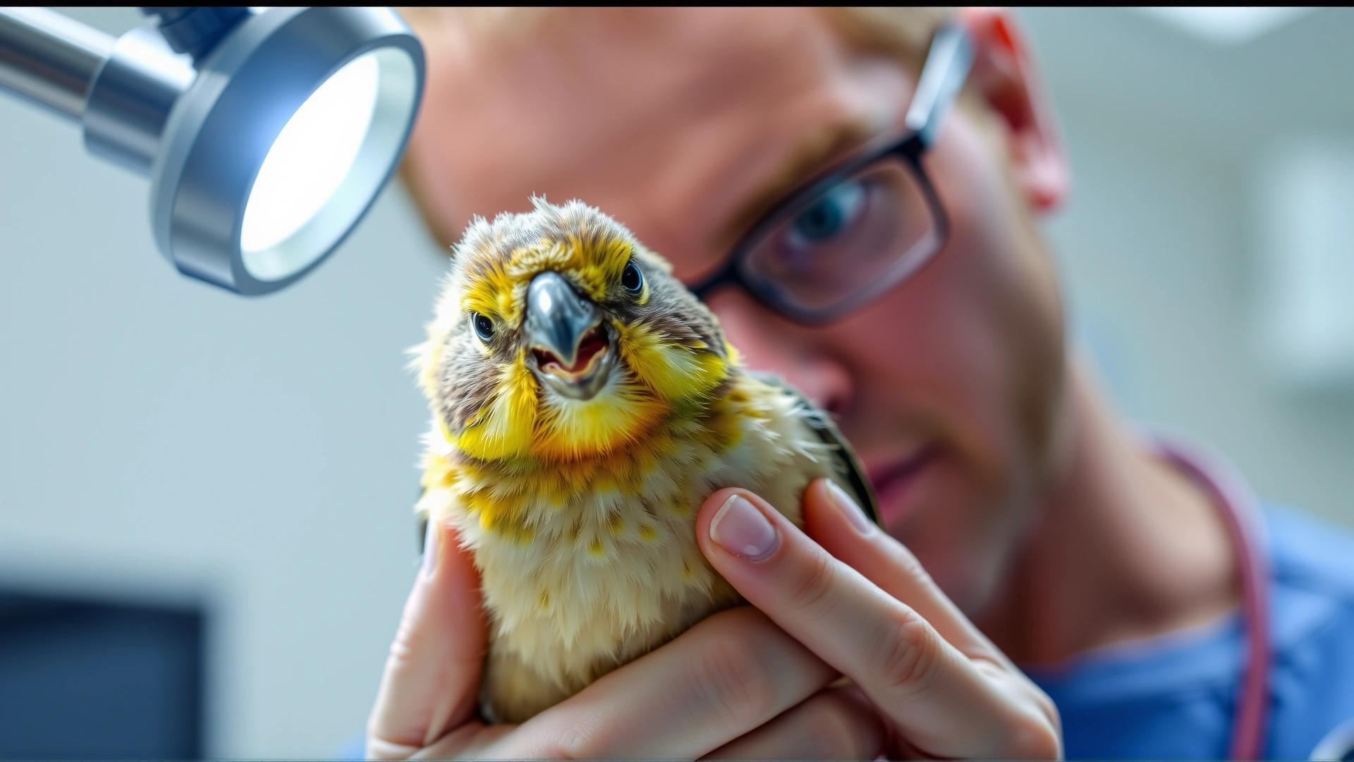 Scene of an avian veterinarian gently holding a small bird while examining its mouth with a bright headlamp in a clinical setting.