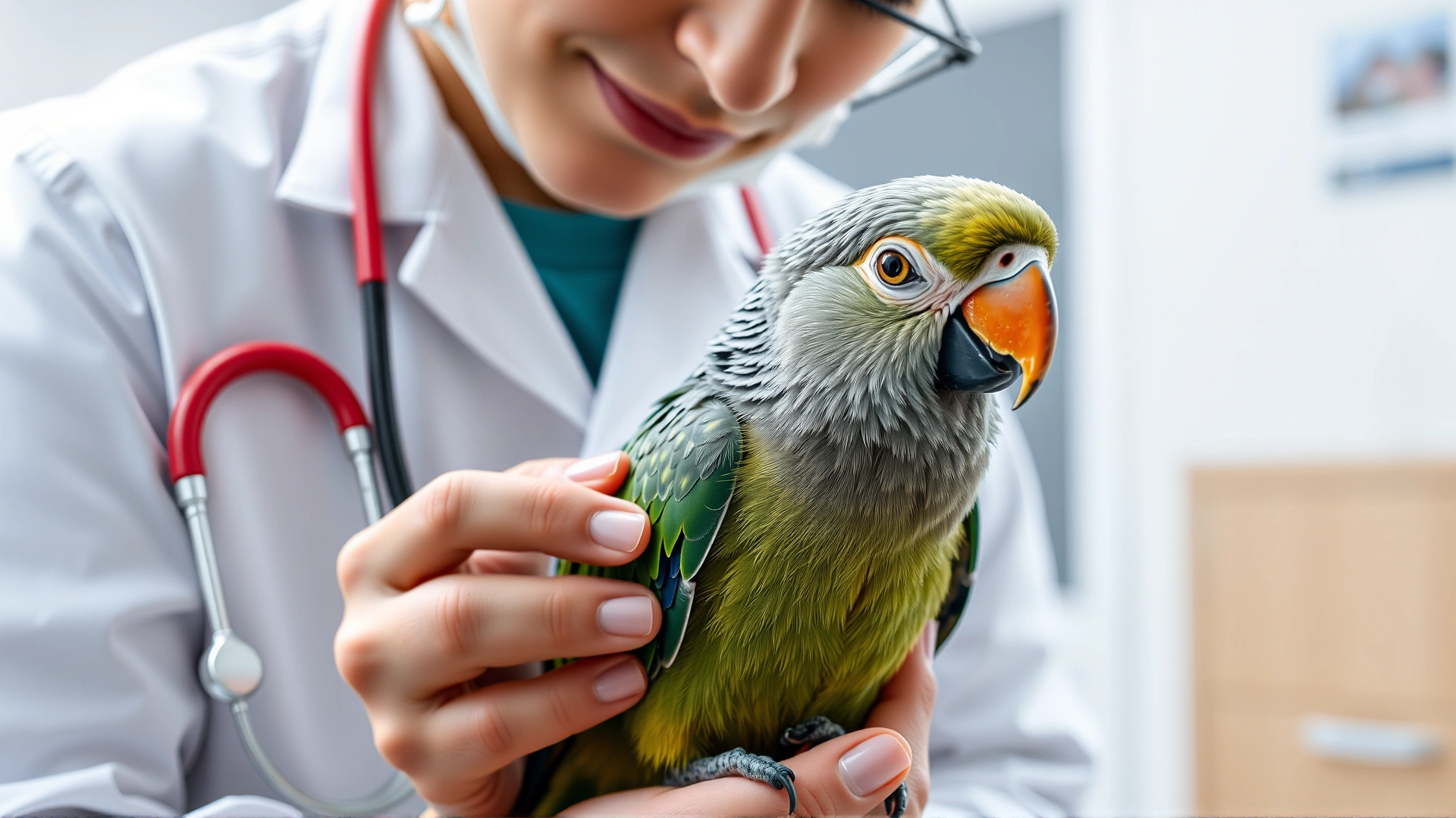 Veterinarian gently examining a small parrot with a stethoscope in a modern clinic setting