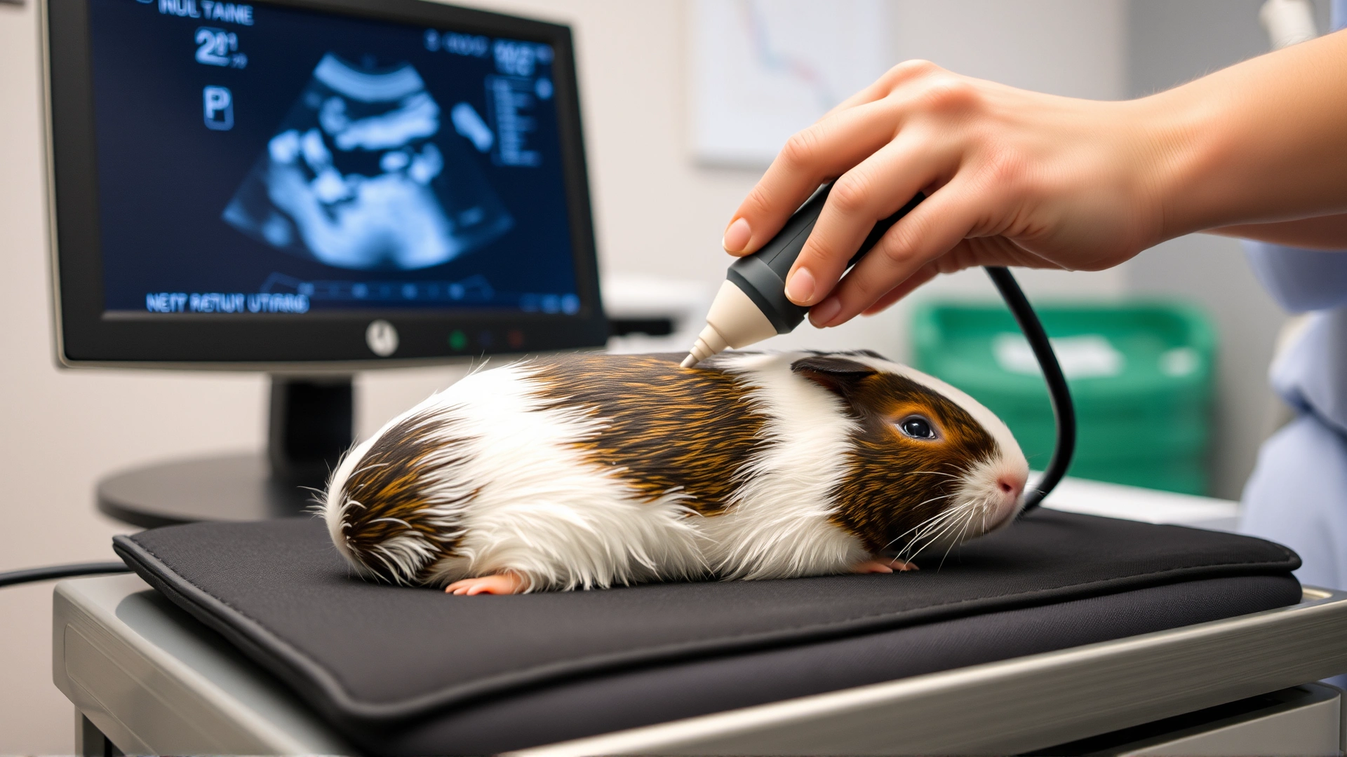 AI image showing a guinea pig lying calmly on an ultrasound pad while a veterinarian gently moves the probe over the abdomen; monitor screen slightly blurred.